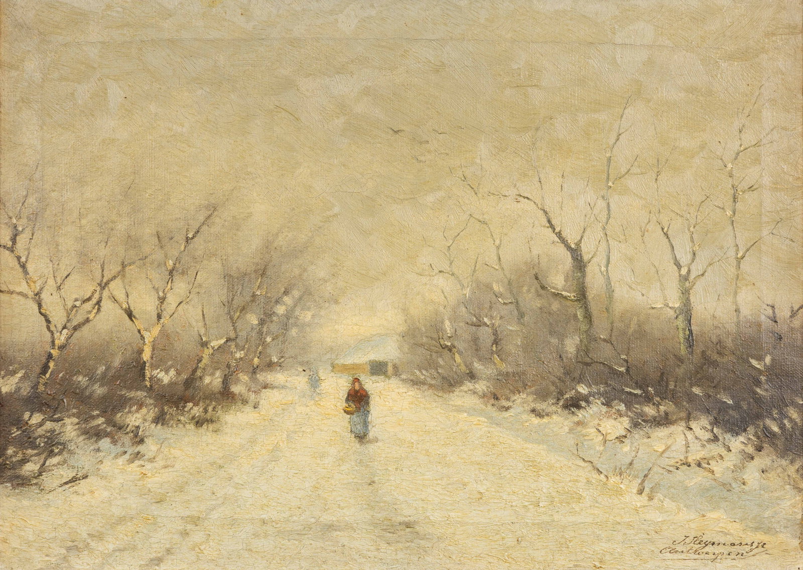Joseph II Heymans (1868-1933) 'Snowy Road with Figure', a winter landscape, oil on canvas.: Joseph II Heymans (1868-1933) 'Snowy Road with Figure', a winter landscape, oil on canvas. Oil on canvas.Signed lower right 'J. Heymans Jr., Antwerpen'. (35.5 x 46.5 cm) (40.5