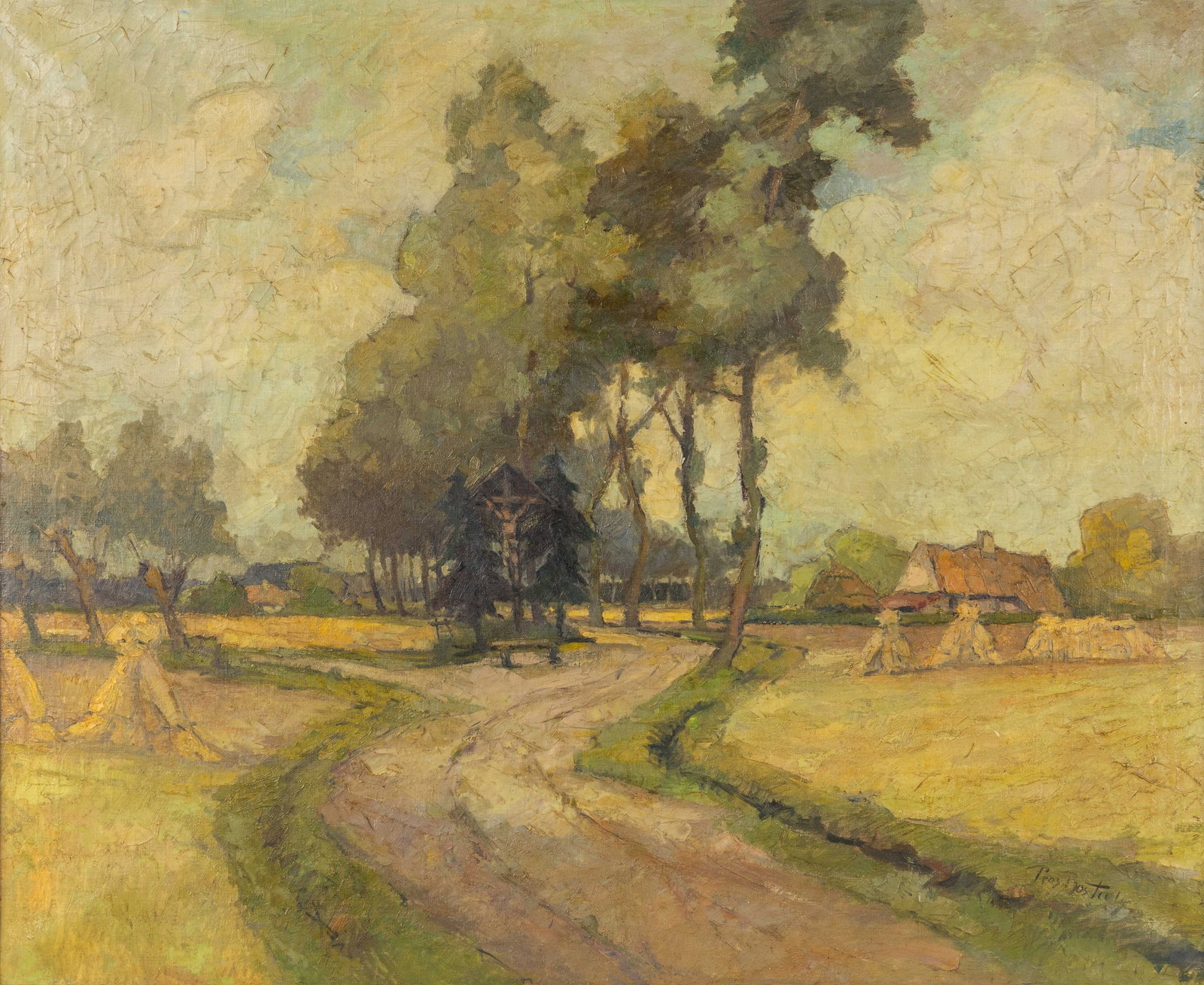 Prosper Bosteels (1881-1964) 'Stake Chapel along the Farmers' Path', oil on canvas.: Prosper Bosteels (1881-1964) 'Stake Chapel along the Farmers' Path', oil on canvas. Oil on canvas.Signed lower right. (113 x 134 cm) (121 x 100 x 0 cm)