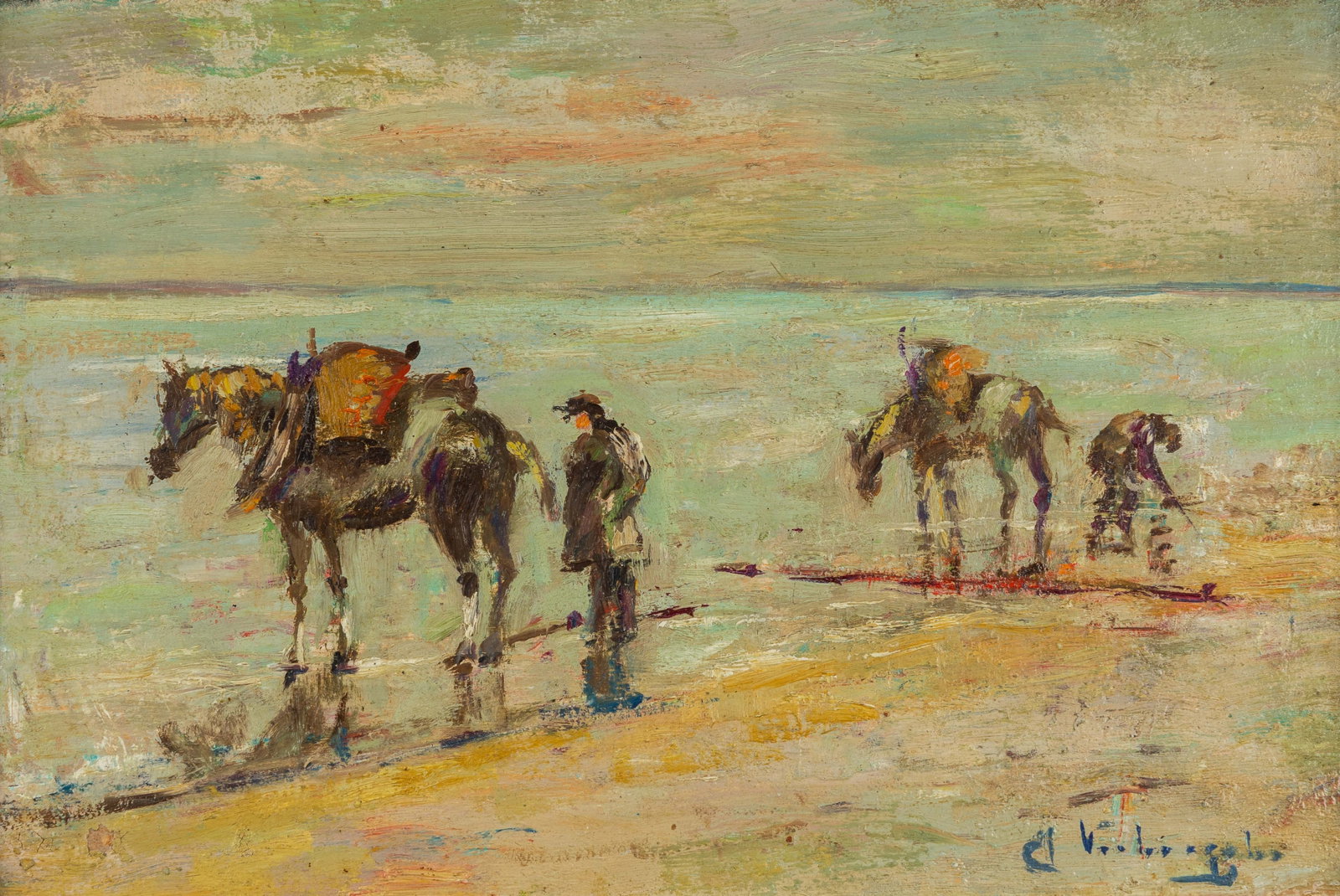 Charles Verbrugghe (1877-1974) 'Les Pecheurs De Crevettes' oil on board.: Charles Verbrugghe (1877-1974) 'Les Pecheurs De Crevettes' oil on board. Oil on board.Signed bottom right.Titled on the back. (36 x 47cm) (33 x 22 x 0 cm)