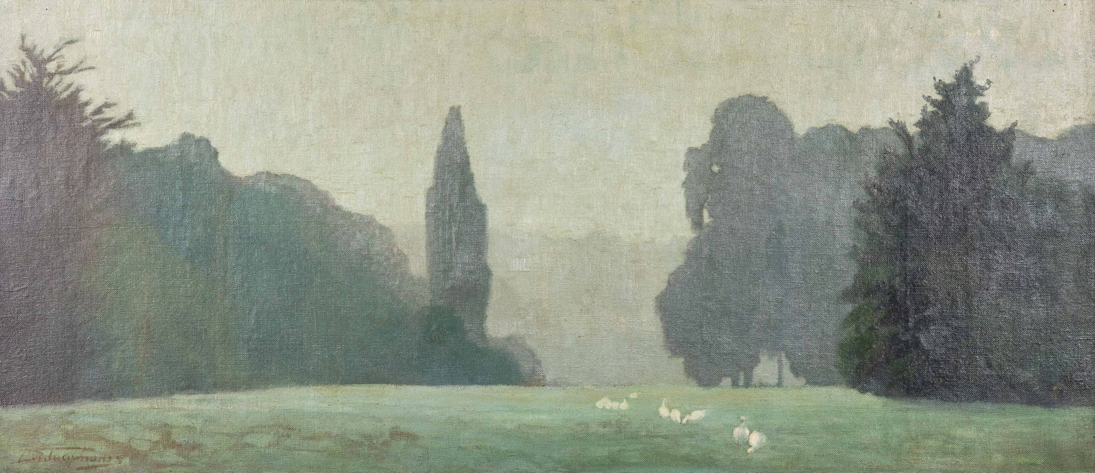 Louis Taeymans (1874-1937) 'Swans at the Park', oil on canvas.: Louis Taeymans (1874-1937) 'Swans at the Park', oil on canvas. Oil on canvas.Signed lower left. (54 x 109 cm) (100 x 45 x 0 cm)
