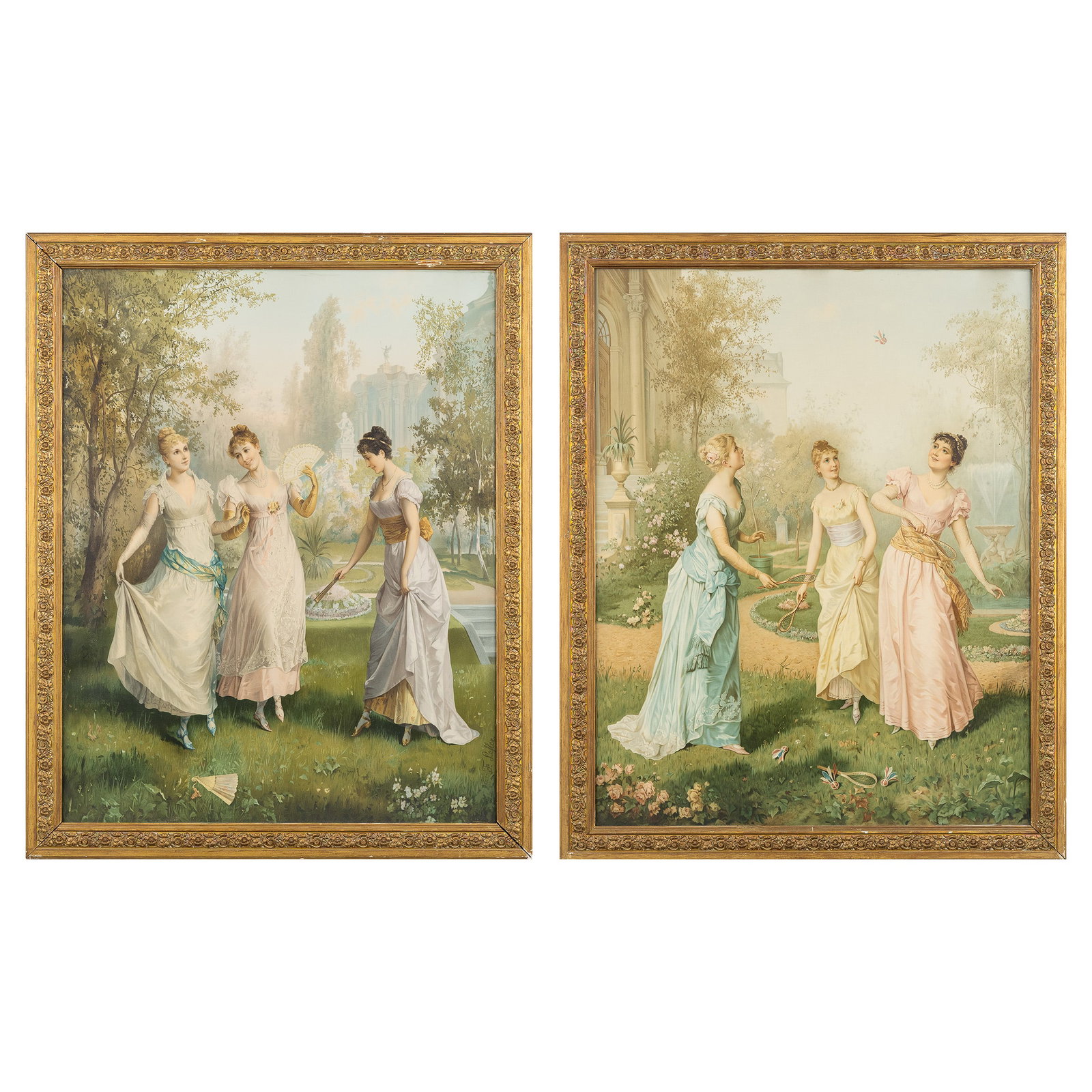 Franz Lefler (1831-1898) 'Romantic Scenes with Young Ladies', a pair of pendant serigraphs.: Franz Lefler (1831-1898) 'Romantic Scenes with Young Ladies', a pair of pendant serigraphs. Serigraph.A pair of pendant scenes of young ladies strolling in a French garden and playing badminton.Sign