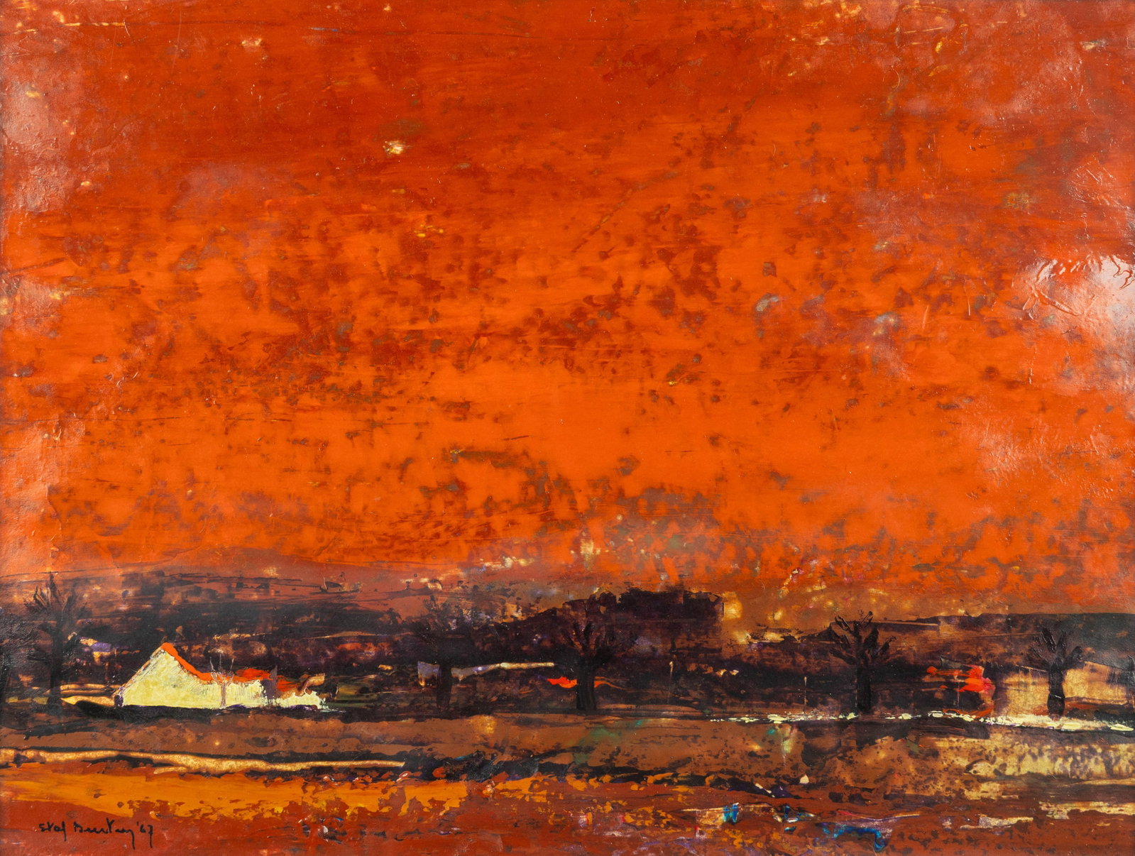 Staf Beerten (1930-2019) 'Red Evening Sky', oil on paper (1967).: Staf Beerten (1930-2019) 'Red Evening Sky', oil on paper (1967). Oil on paper. Signed and dated lower left. (53 x 63 cm) (42 x 32 x 0 cm)