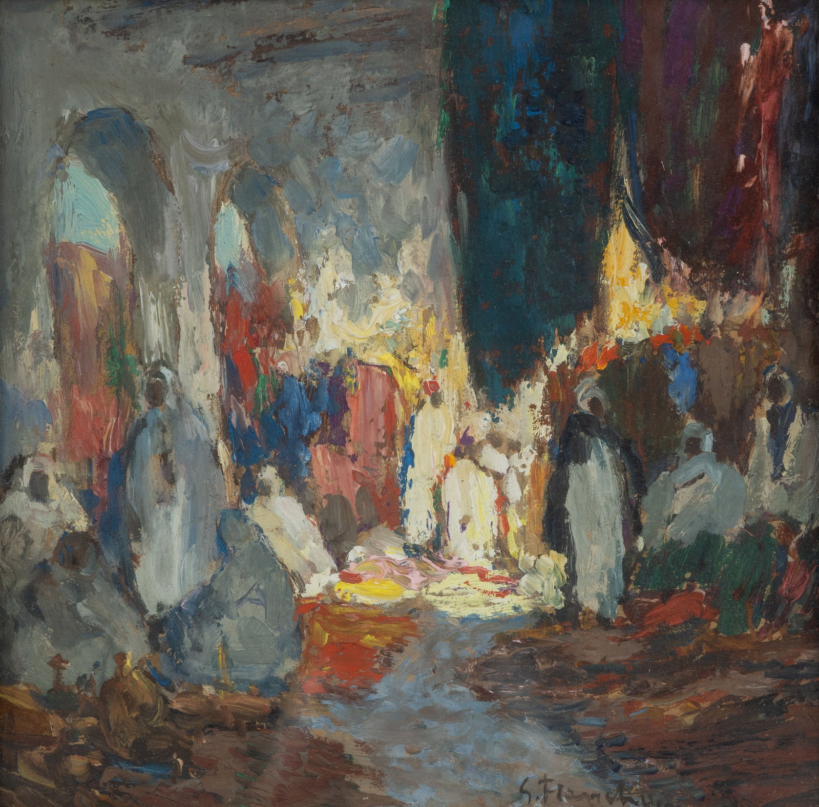 Gustave Flasschoen (1868-1940) 'Marche tapis', an expressionist painting, oil on board. (1 of 4)