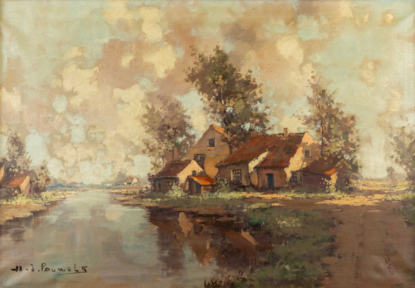 Henri Joseph Pauwels (1903-1983) 'Farmhouse by the Water', oil on canvas.: Henri Joseph Pauwels (1903-1983) 'Farmhouse by the Water', oil on canvas. Oil on canvas.Signed lower left. (85 x 114 cm) (96 x 67 x 0 cm)