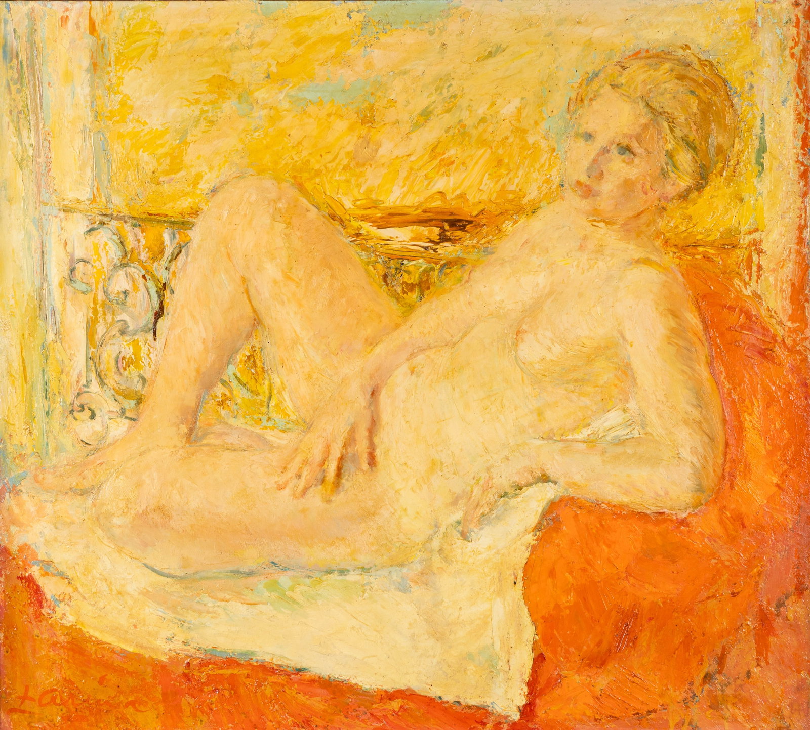 Anna Martinowa Zarina (1907-1984) 'Reclining Nude', oil on canvas.: Anna Martinowa Zarina (1907-1984) 'Reclining Nude', oil on canvas. Oil on canvas.Signed lower left and on the back.Labeled on the stretcher 'Salon des Independants - 1971'.
