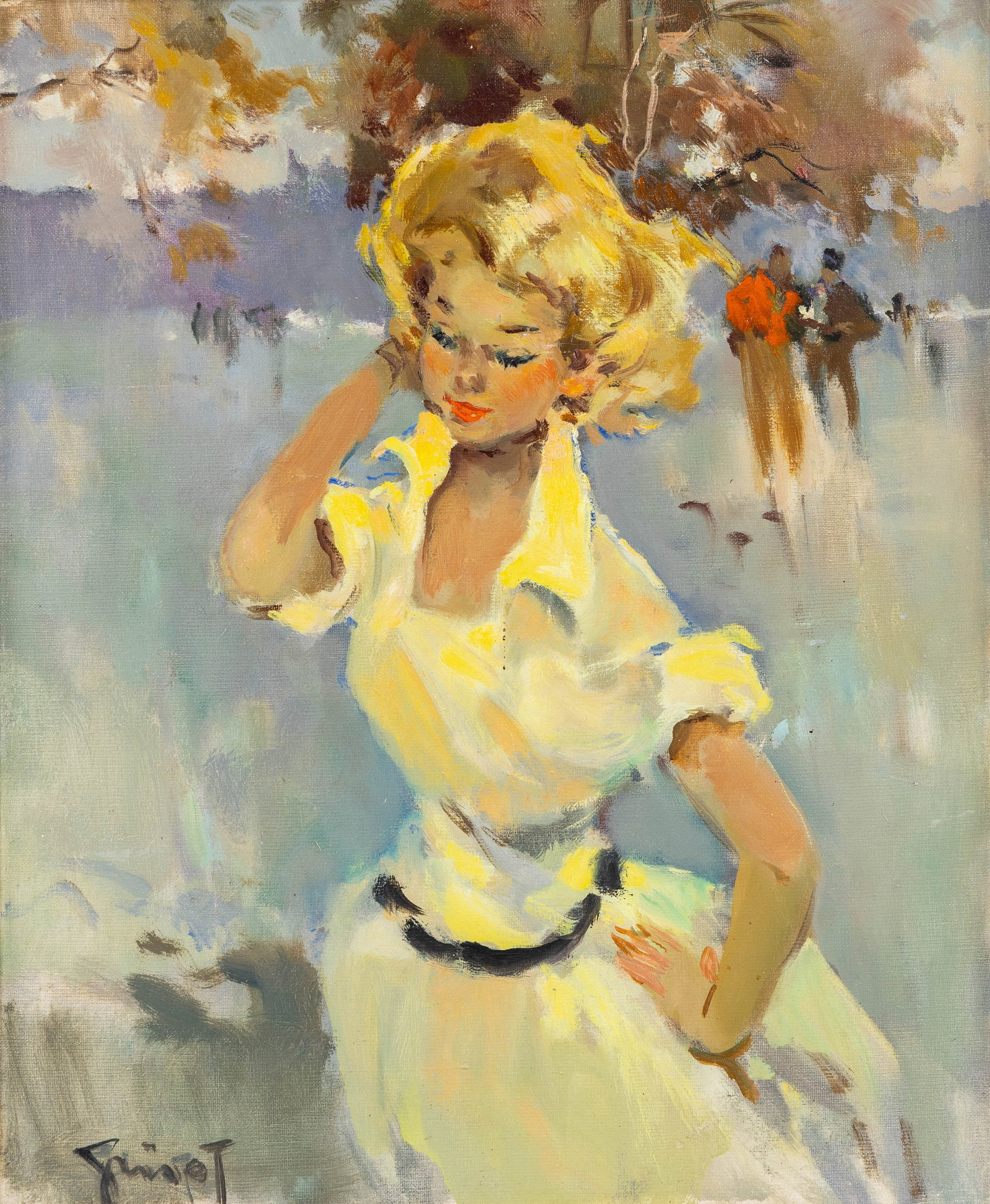Pierre Grisot (1911-1995) 'Jeune femme élégante', oil on canvas.: Pierre Grisot (1911-1995) 'Jeune femme élégante', oil on canvas. Oil on canvas.Signed lower left. (59.5 x 52 cm) (38 x 45 x 0 cm)