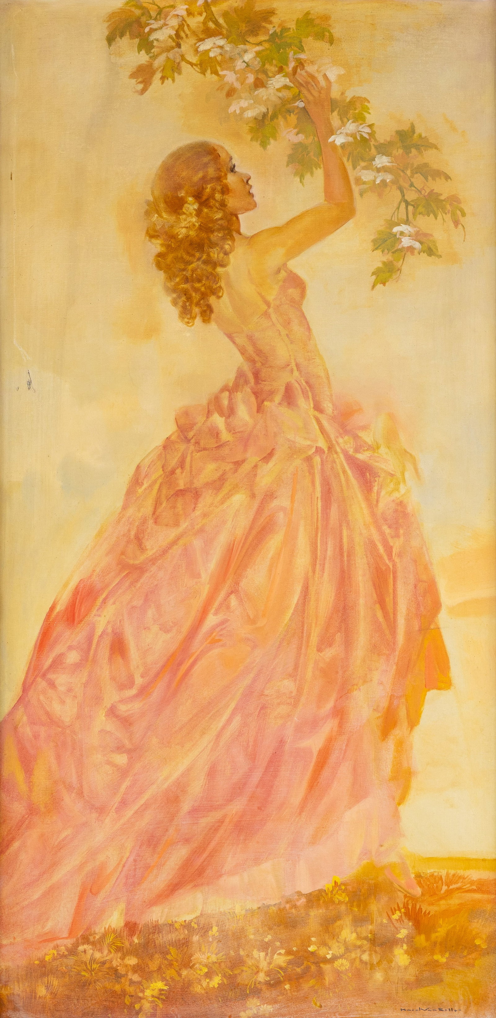 Karel Van Belle (1884-1959) 'Young Lady in Pink Dress', oil on canvas.: Karel Van Belle (1884-1959) 'Young Lady in Pink Dress', oil on canvas. Oil on canvas.Signed lower right. (150 x 85.5 cm) (66 x 130 x 0 cm)