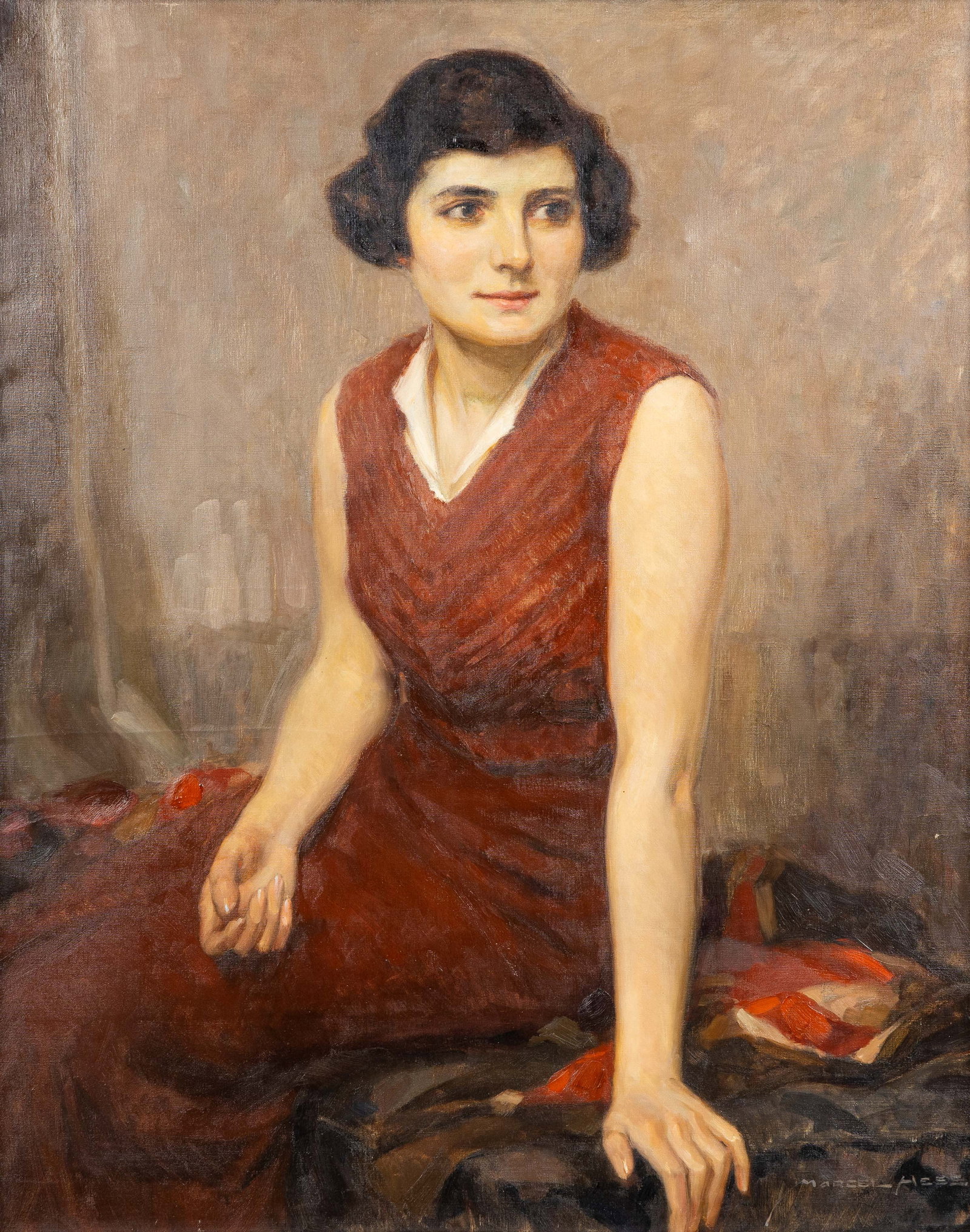 Marcel Hess (1878-1948) 'Portrait of a Lady in a Red Dress', oil on canvas.: Marcel Hess (1878-1948) 'Portrait of a Lady in a Red Dress', oil on canvas. Oil on canvas.Signed lower right. (128.5 x 108.5 cm) (80 x 100 x 0 cm)