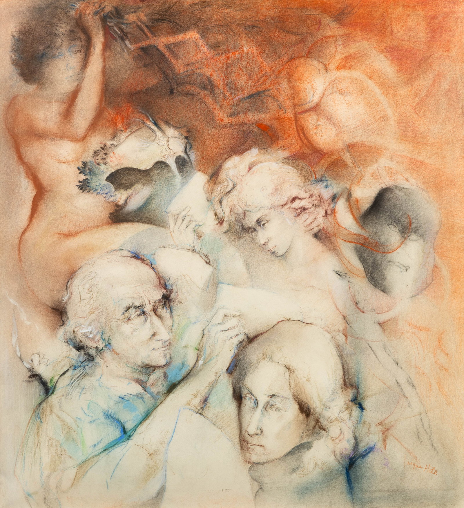 Jacques Hôte (1939-1986) 'Visages', pastel on paper.: Jacques Hôte (1939-1986) 'Visages', pastel on paper. Pastel on paper.Signed bottom right. (125 x 117cm) (92 x 100 x 0 cm)