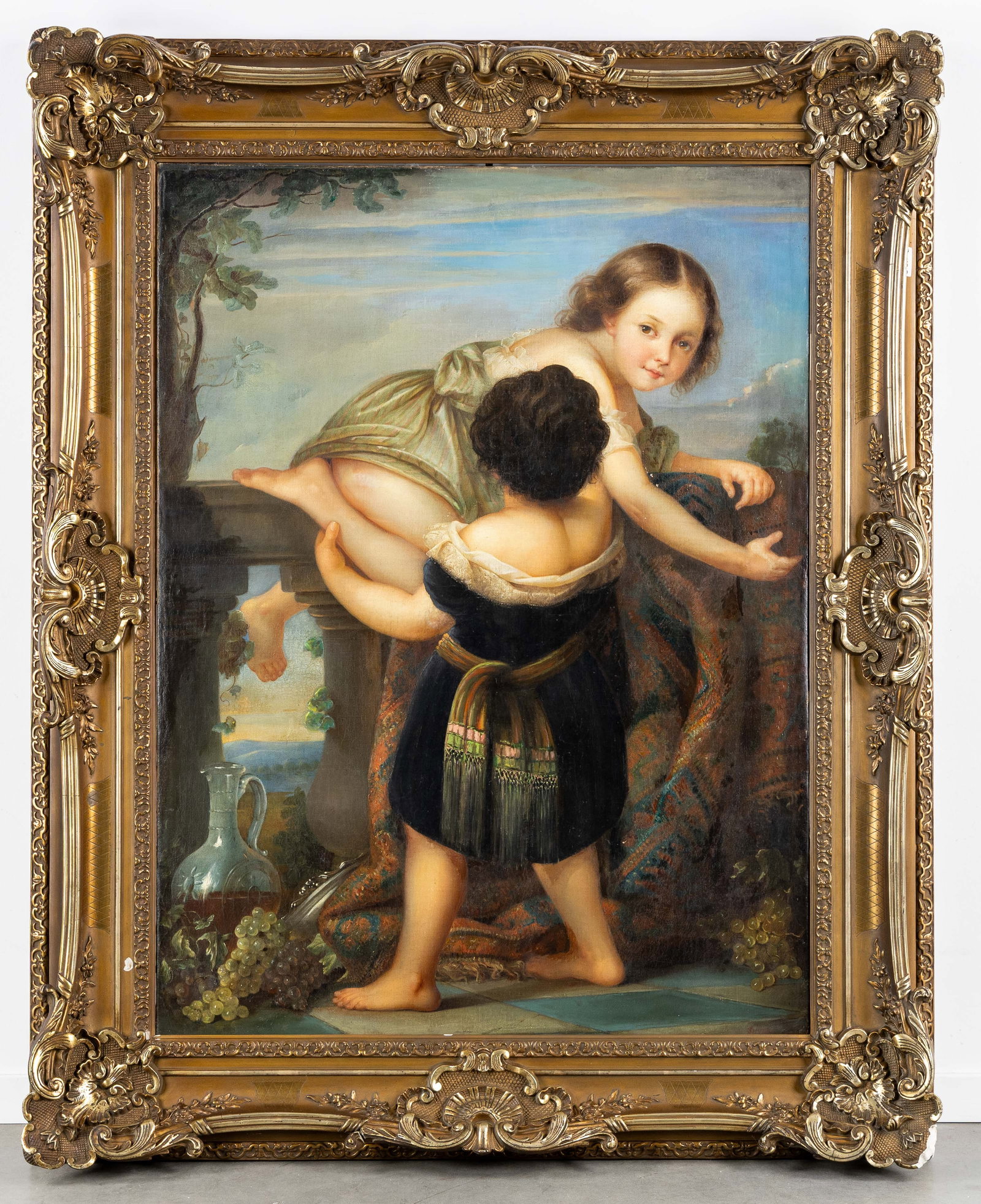 'The Secret Escape', an antique painting of two children on the balcony, oil on canvas, 18th C.: 'The Secret Escape', an antique painting of two children on the balcony, oil on canvas, 18th century. Oil on canvas.Signed 'SNYERS' lower right. (151 x 121 cm) (89 x 119 x 0 c