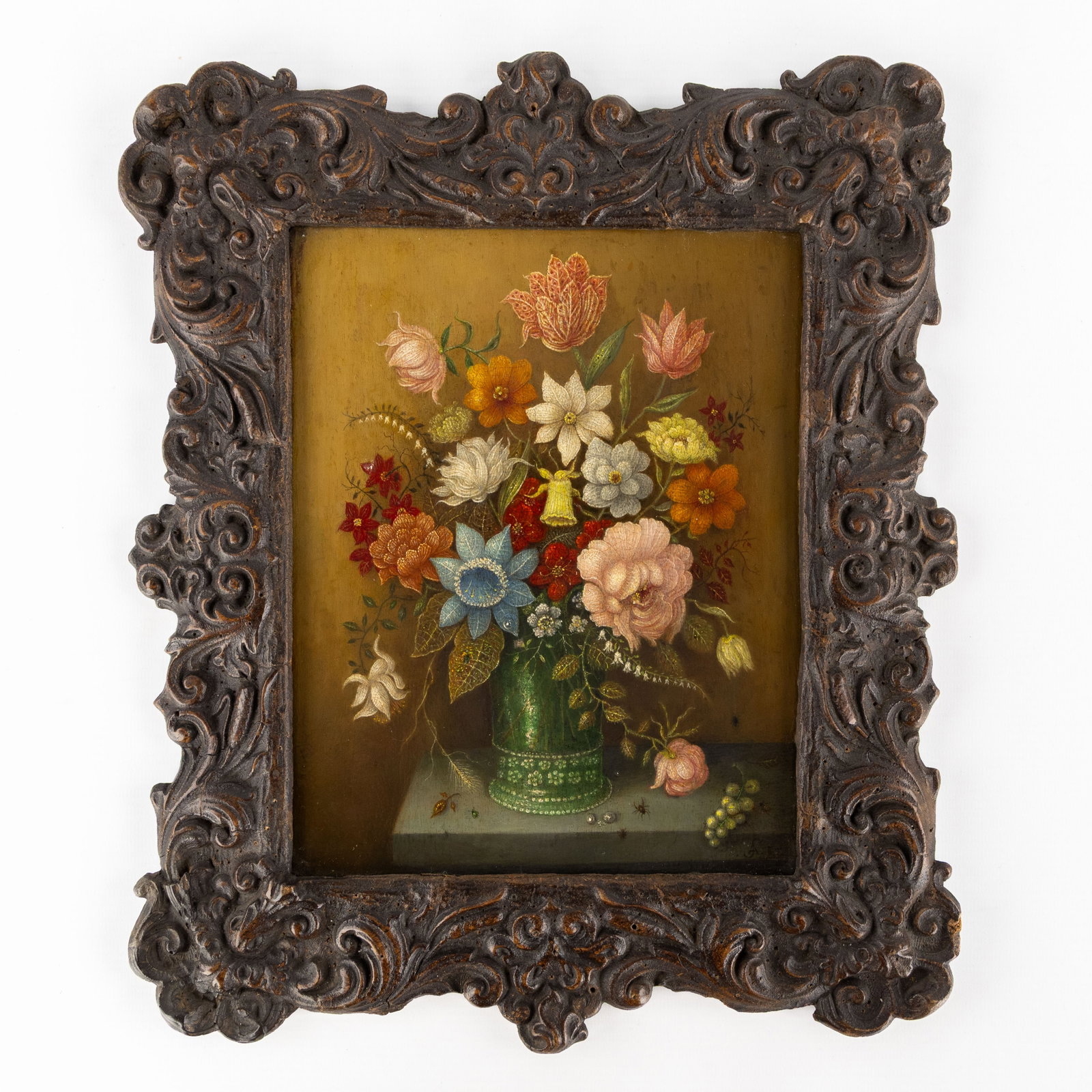An Antique flower still life 'Bouquet in a Goblet', oil on panel, monogrammed SA, 17th/18th C. (1 of 4)