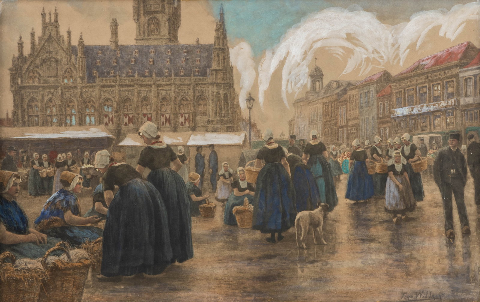 Ferdinand Willaert (1861-1939) 'Flower Market in Middelburg', pastel on paper.: Ferdinand Willaert (1861-1939) 'Flower Market in Middelburg', pastel on paper. Pastel on paper.Signed lower right. (64 x 92 cm) (76 x 47.5 x 0 cm)