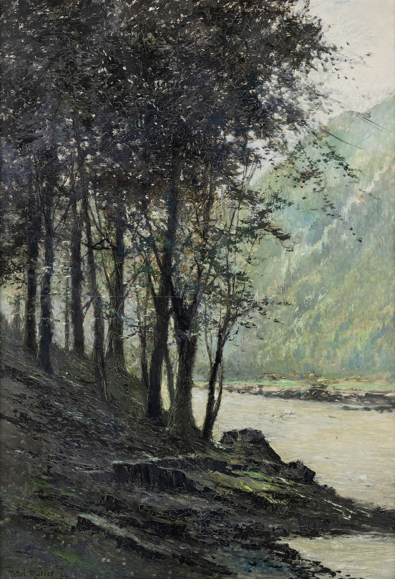 Vital Keuller (1866-1945) 'La Semois à Chiny', oil on panel (1934): Vital Keuller (1866-1945) 'La Semois à Chiny', oil on panel (1934) Oil on panel.Signed and dated lower left.Titled on the back. (116 x 85,5 cm) (99.5 x 69 x 0