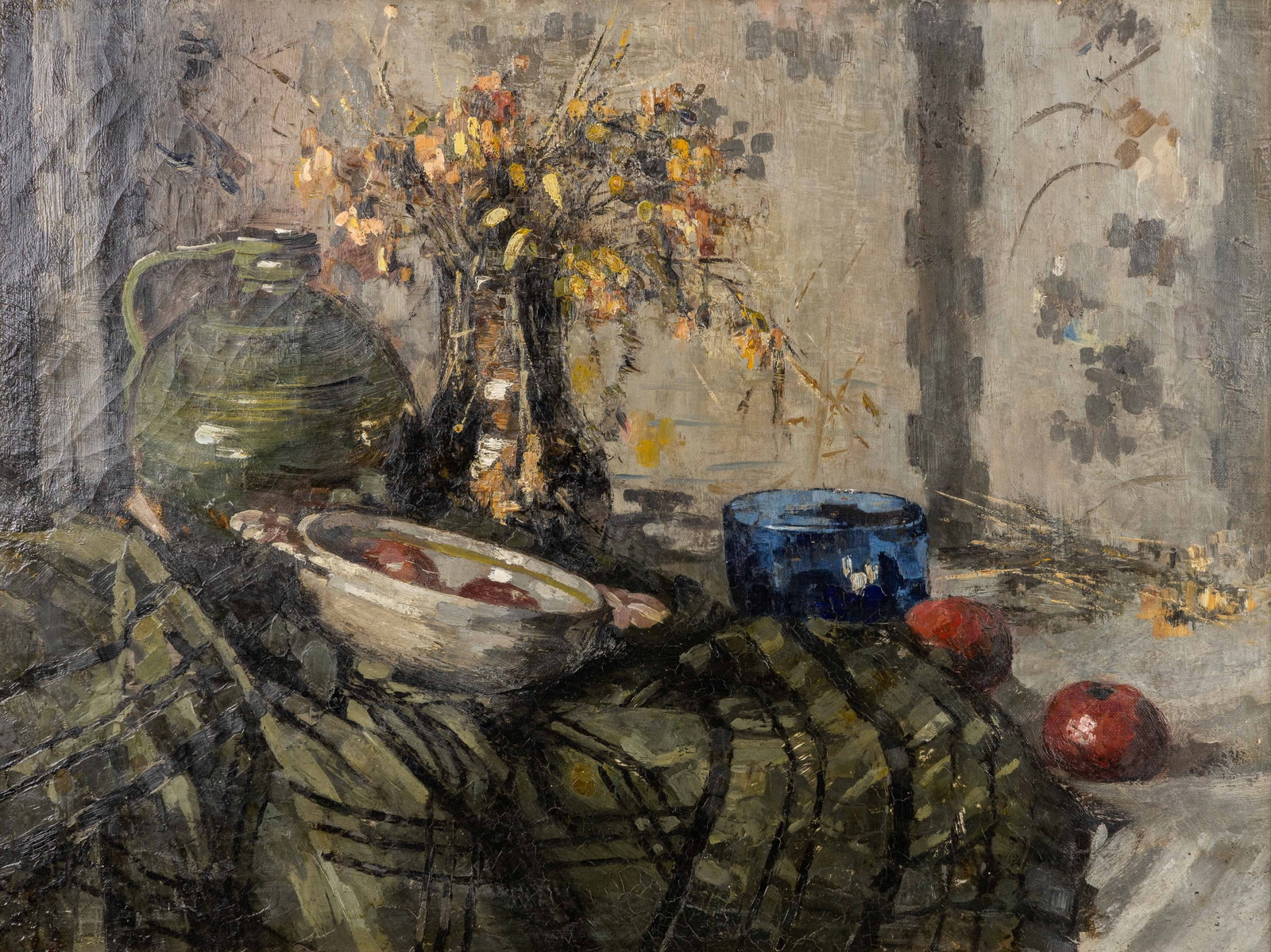 Herman Courtens (1884-1956) 'Still Life with Flower Vase and Apples', oil on canvas.: Herman Courtens (1884-1956) 'Still Life with Flower Vase and Apples', oil on canvas. Oil on canvas.Signed lower left. (91 x 111 cm) (80 x 60 x 0 cm)