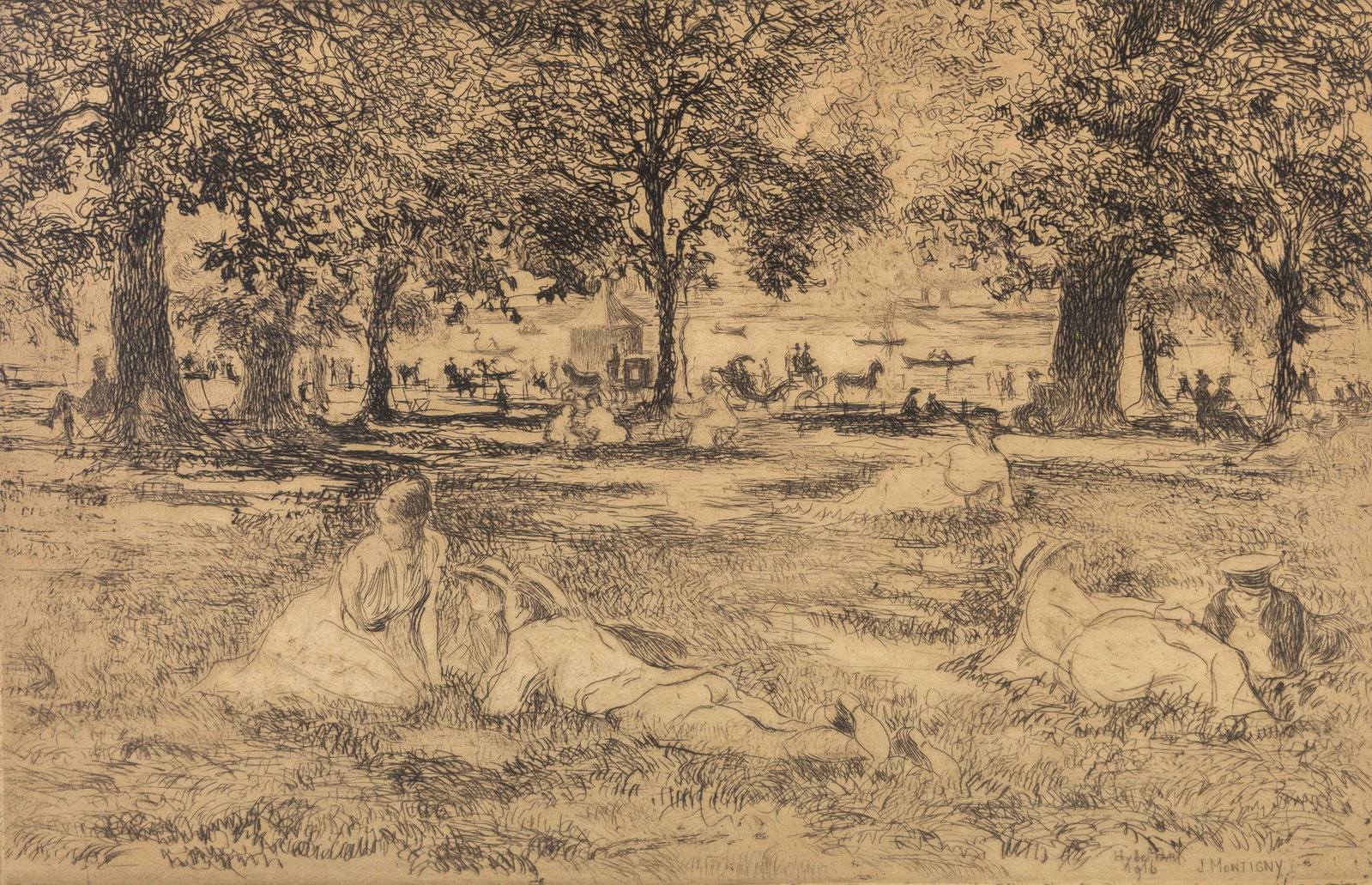 Jenny Montigny (1875-1937) 'Hyde Park', an etching (1916).: Jenny Montigny (1875-1937) 'Hyde Park', an etching (1916). An etching.Signed, titled, and dated in the work. (47.5 x 57.5 cm) (30 x 19 x 0 cm)