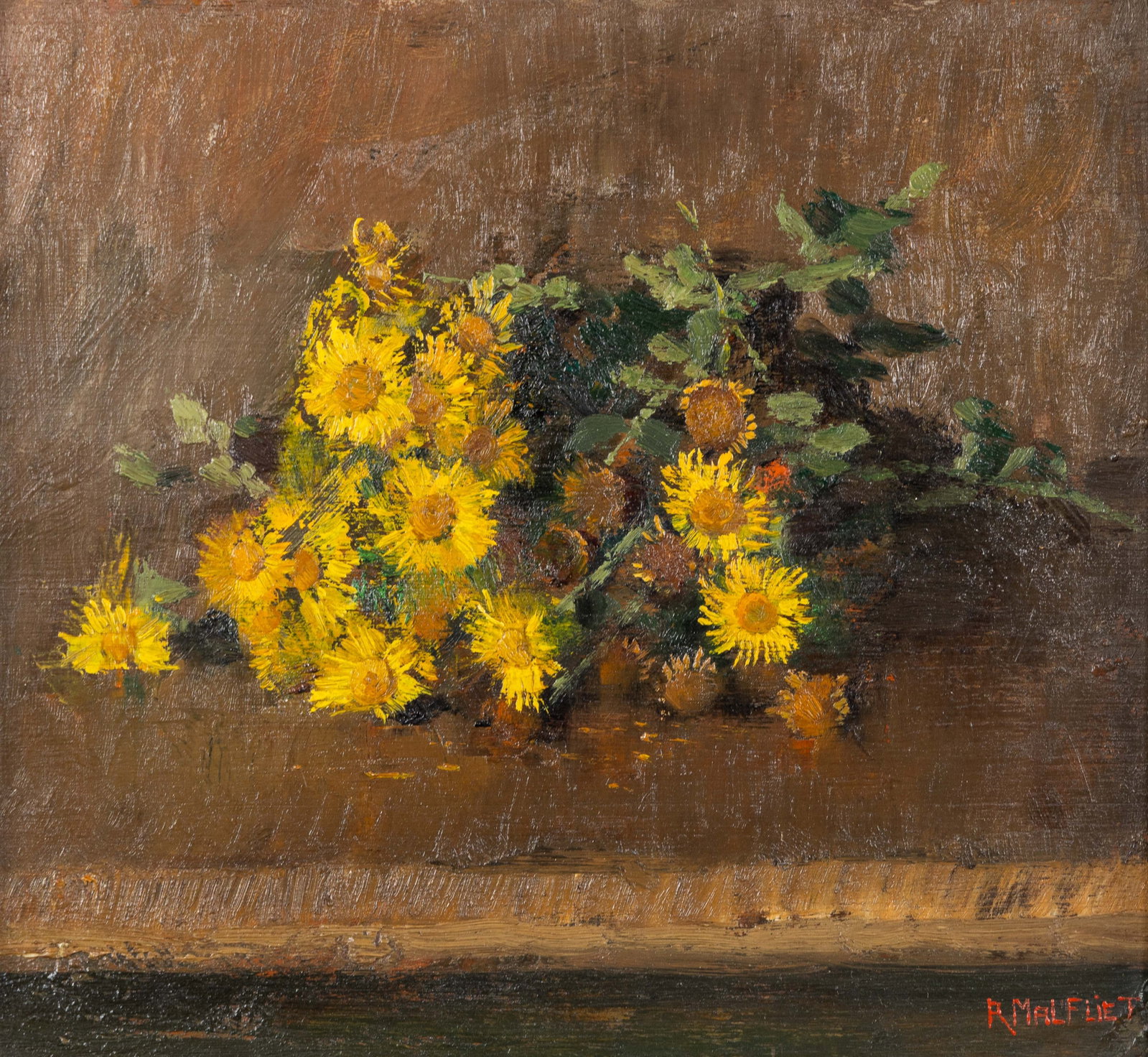 Romain Malfliet (1910-2006) 'Still Life with Yellow Flowers', oil on panel.: Romain Malfliet (1910-2006) 'Still Life with Yellow Flowers', oil on panel. Oil on panel.Signed lower right.With an additional painting of a view of a mill on the back. (26.