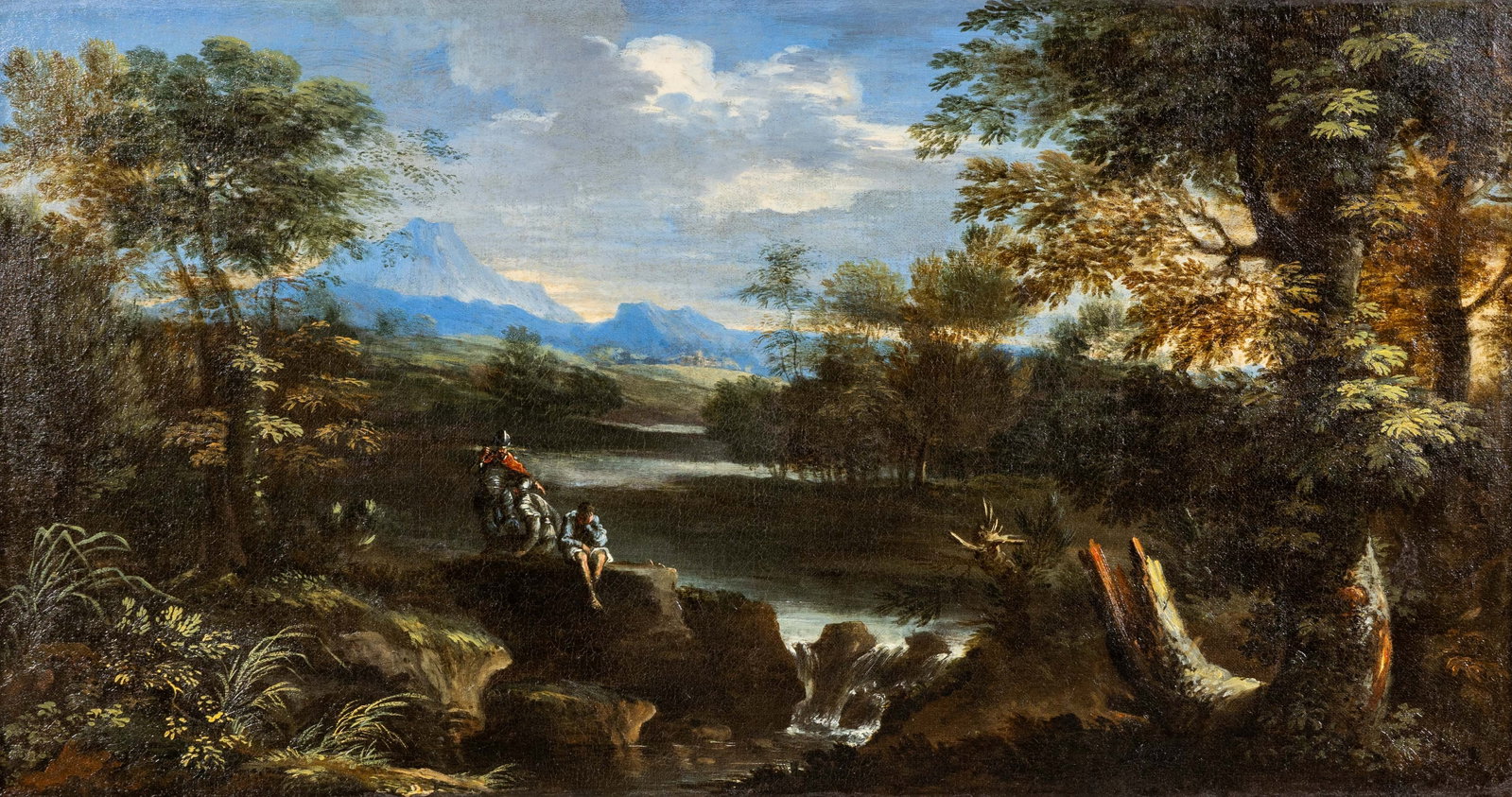 Andrea Locatelli (1695-1741) 'Landscape with Soldiers by the River', oil on canvas.: Andrea Locatelli (1695-1741) 'Landscape with Soldiers by the River', oil on canvas. Oil on canvas.Unsigned. (62x107cm) (98.5 x 53 x 0 cm)
