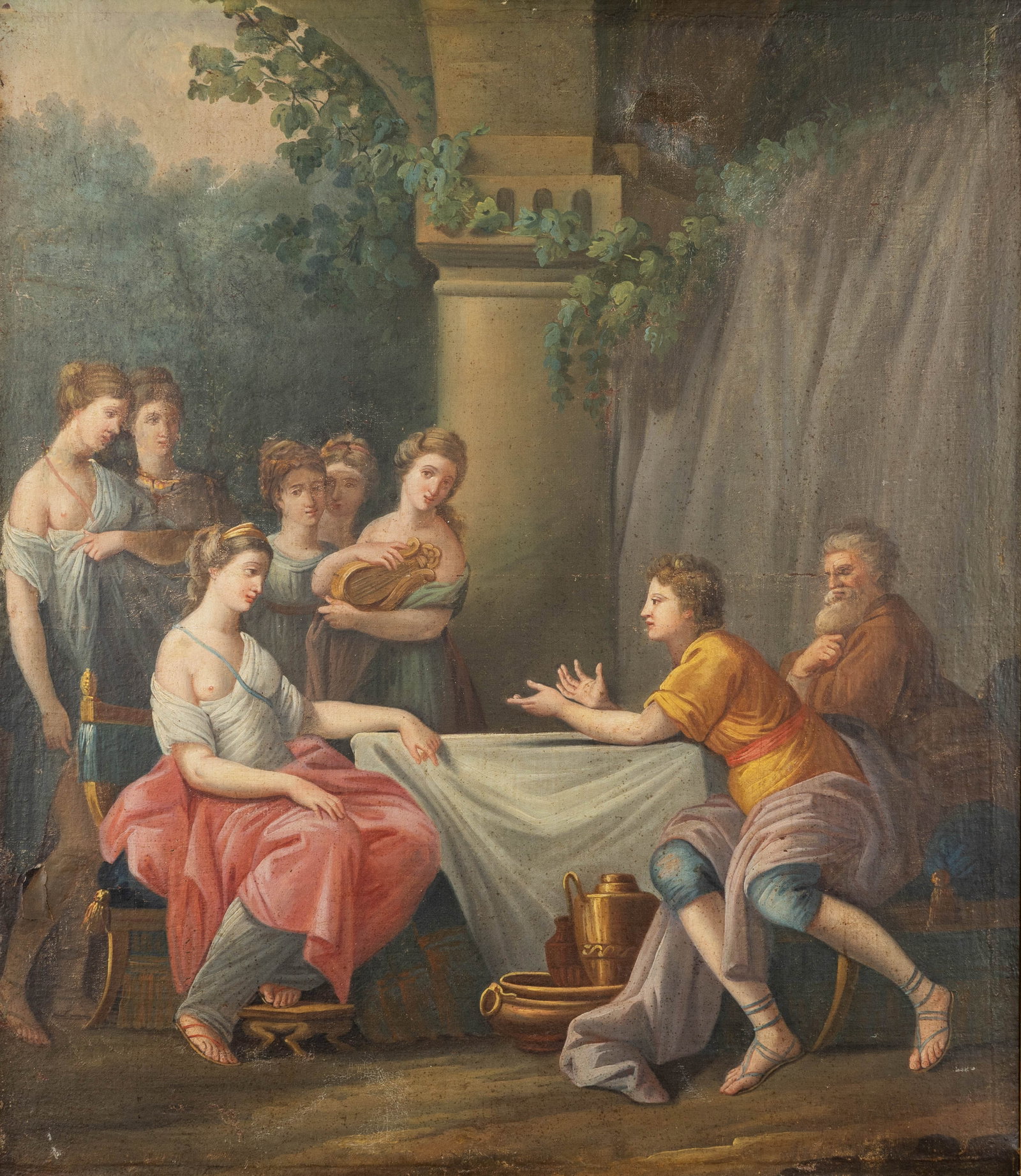 An Antique Neoclassical painting, 'The Sorrows of Telemachus', oil on canvas, 18th/19th C.: An Antique Neoclassical painting, 'The Sorrows of Telemachus', oil on canvas, 18th/19th century. Oil on canvas.Unsigned. (103 x 91 cm) (80 x 91 x 0 cm)