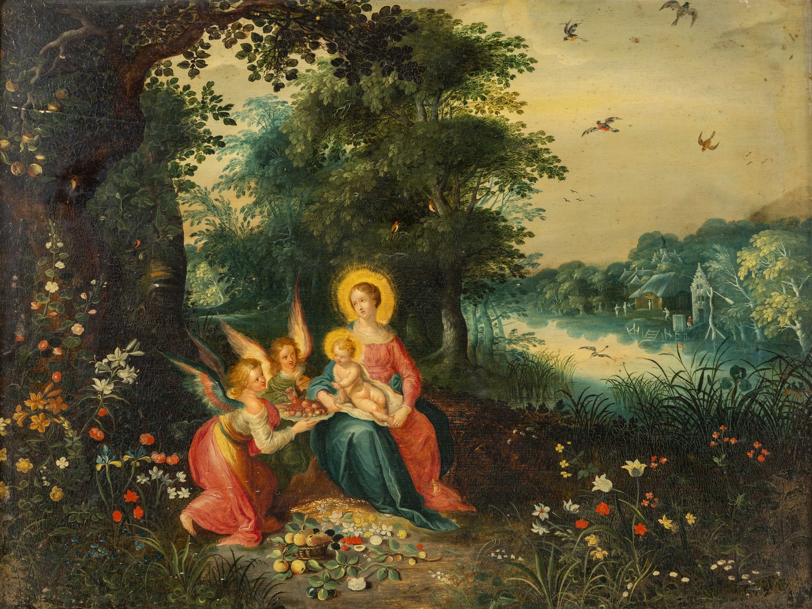 Circle of Abraham Govaerts (1589-1626), an antique painting, 'Madonna with Child and Angels', oil on (1 of 7)