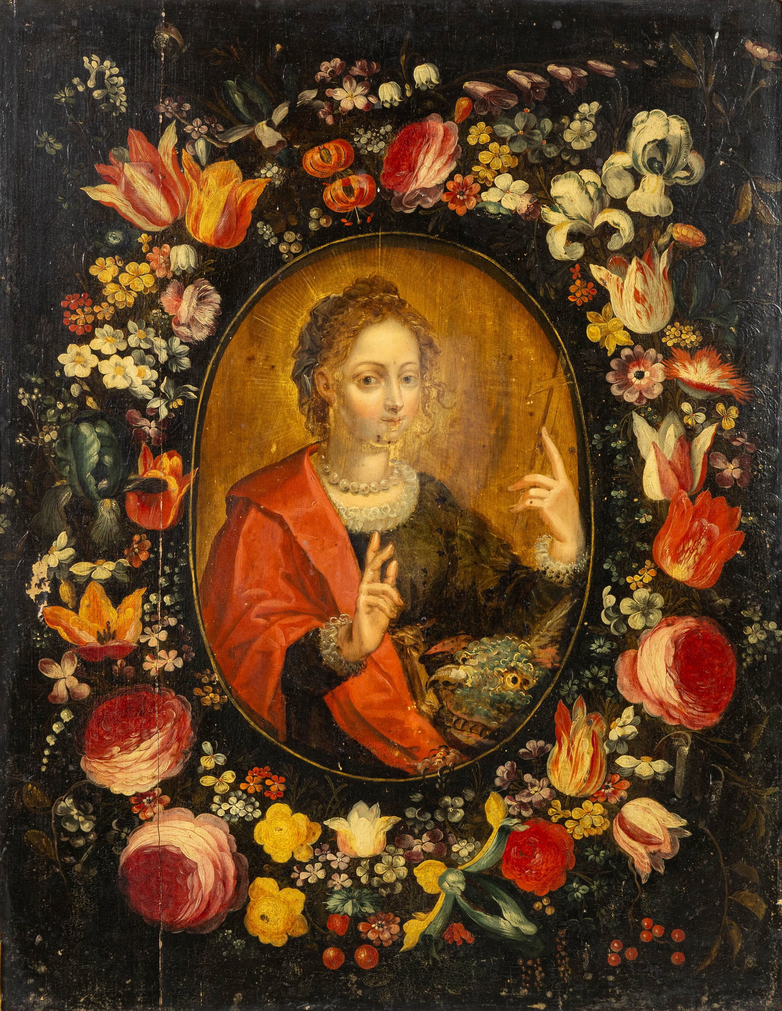 Andries Daniels (c.1580-1640) (Attr.) 'Margaret of Antioch, in a wreath of flowers', oil on panel, (1 of 6)