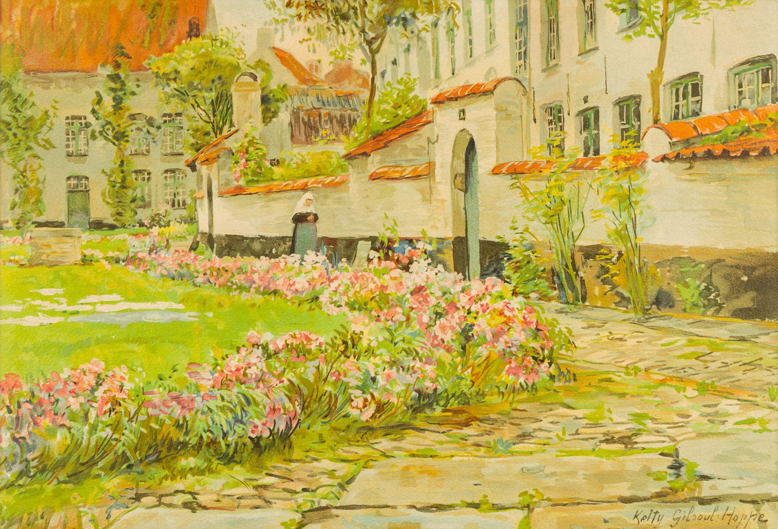 Ketty Gilsoul-Hoppe (1868-1939) 'Spring in the Beguinage of Bruges', watercolour on paper.: Ketty Gilsoul-Hoppe (1868-1939) 'Spring in the Beguinage of Bruges', watercolour on paper. Watercolour on paper.Signed lower right. (53 x 69 cm) (49.5 x 34 x 0 cm)