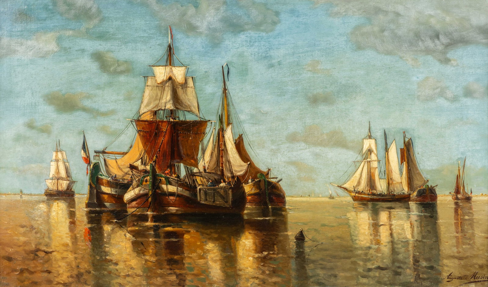 Auguste Henri Musin (1852-1923) 'Sailing Ships at Anchor', a marine painting, oil on canvas.: Auguste Henri Musin (1852-1923) 'Sailing Ships at Anchor', a marine painting, oil on canvas. Oil on canvas. Signed lower right. Workshop seal on the back. (86.5 x 126.5 cm) (102 x 61.5 x 0 cm)
