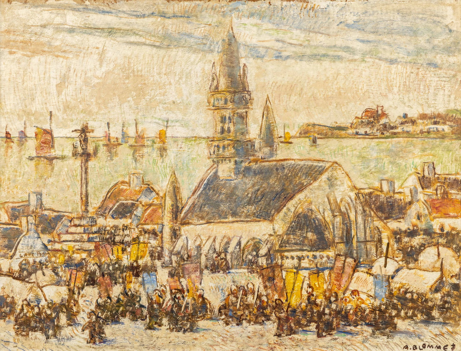 Alfons Blomme (1889-1979) 'Procession in Paimpol, Brittany', oil on board. (1 of 7)