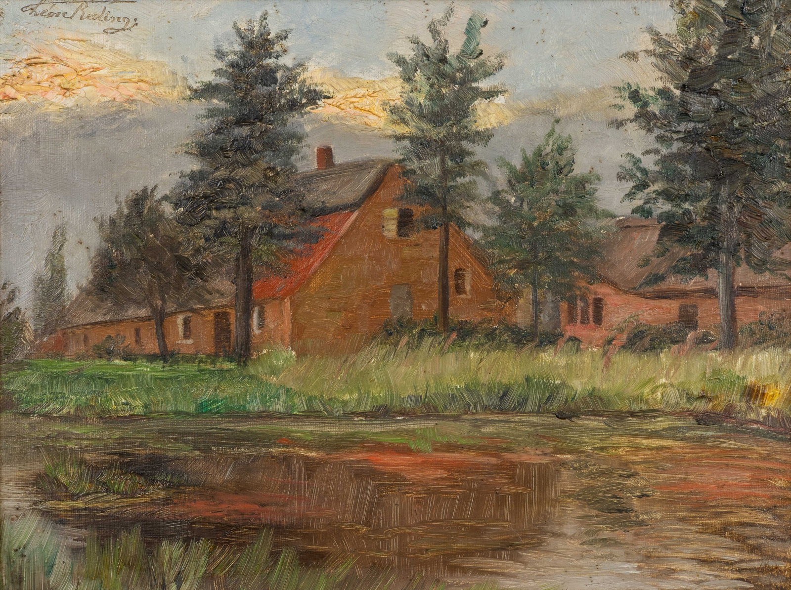 Léon Reding (1871-?) 'Farmhouse by the Water', oil on canvas.: Léon Reding (1871-?) 'Farmhouse by the Water', oil on canvas. Oil on canvas.Signed upper left. (44 x 53 cm) (36 x 27.5 x 0 cm)