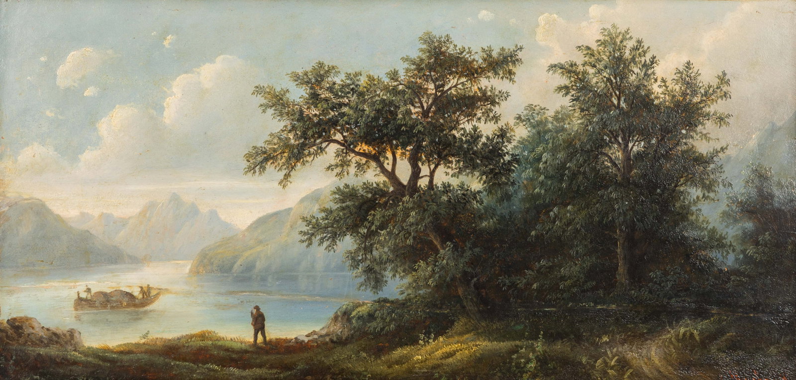 An Antique landscape painting, 'Alpine Lake with Boat', oil on panel, signed, 19th C.: An Antique landscape painting, 'Alpine Lake with Boat', oil on panel, signed, 19th century. Oil on panel.Illegibly signed lower right. (46 x 78 cm) (63 x 31 x 0 cm)