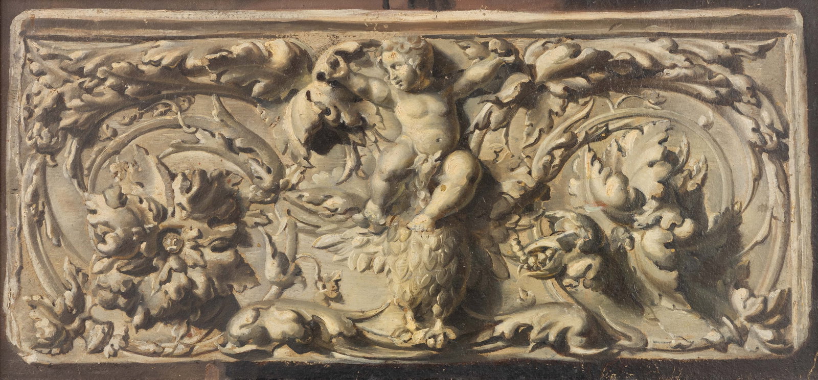 A supraporte or frieze with putto, Baroque style, oil on panel, circa 1900.: A supraporte or frieze with putto, Baroque style, oil on panel, circa 1900. Oil on panel/board.Supraporte, overdoor piece or frieze depicting a putto or cherub. (29.5 x 58 cm)