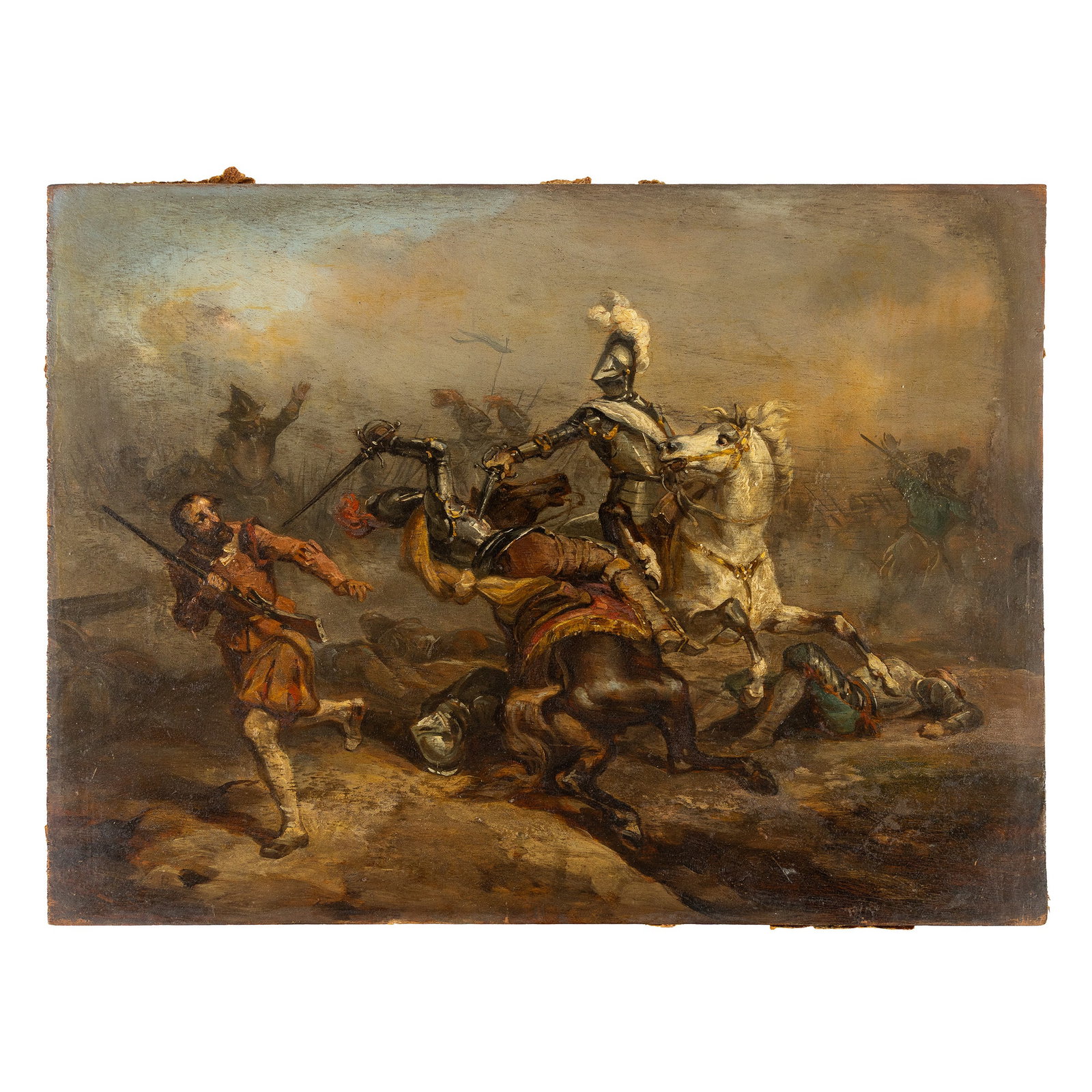 'Knights' Battle on the Battlefield of the Eighty Years' War', an antique painting, oil on panel,: 'Knights' Battle on the Battlefield of the Eighty Years' War', an antique painting, oil on panel, 19th/20th century. Oil on canvas. Depiction of battling knights on a battlefield, probably during the 