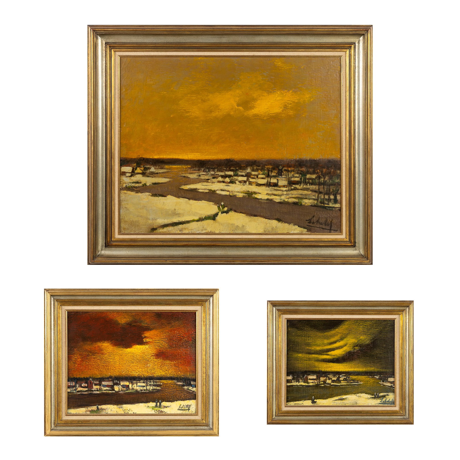 Maurice Schelck (1906-1978) 'The Leie near Latem', three landscape paintings, oil on panel. (1 of 11)