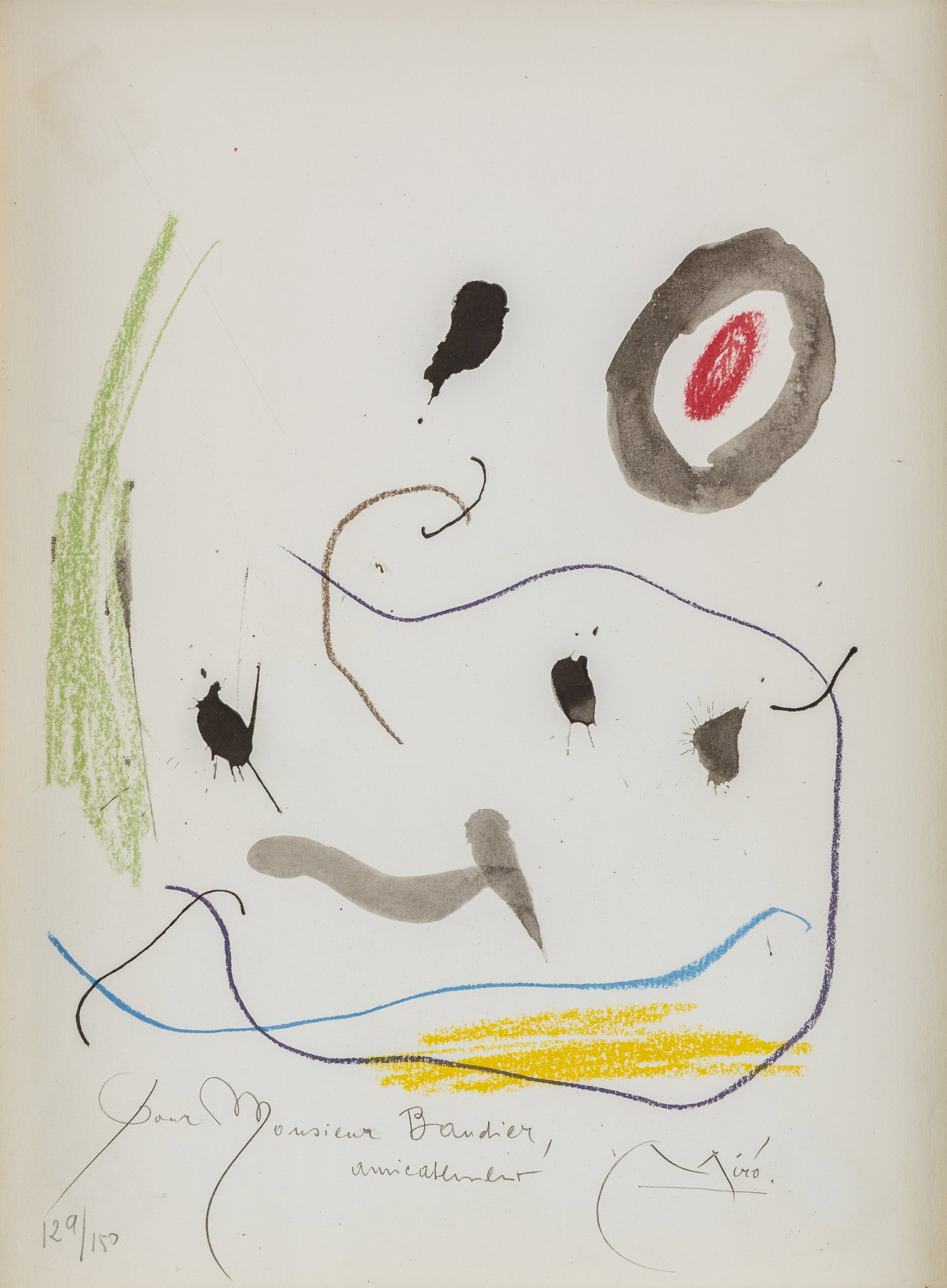 Joan Miro (1893-1983) 'Quelques Fleurs pour des Amis #3: Bandier', 129/150, a lithograph.: Joan Miro (1893-1983) 'Quelques Fleurs pour des Amis #3: Bandier', 129/150, a lithograph. A lithograph from the series 'Quelques Fleurs pour des Amis, 1964'.'Pour Monsieur Bandier, amicalement'.Sign