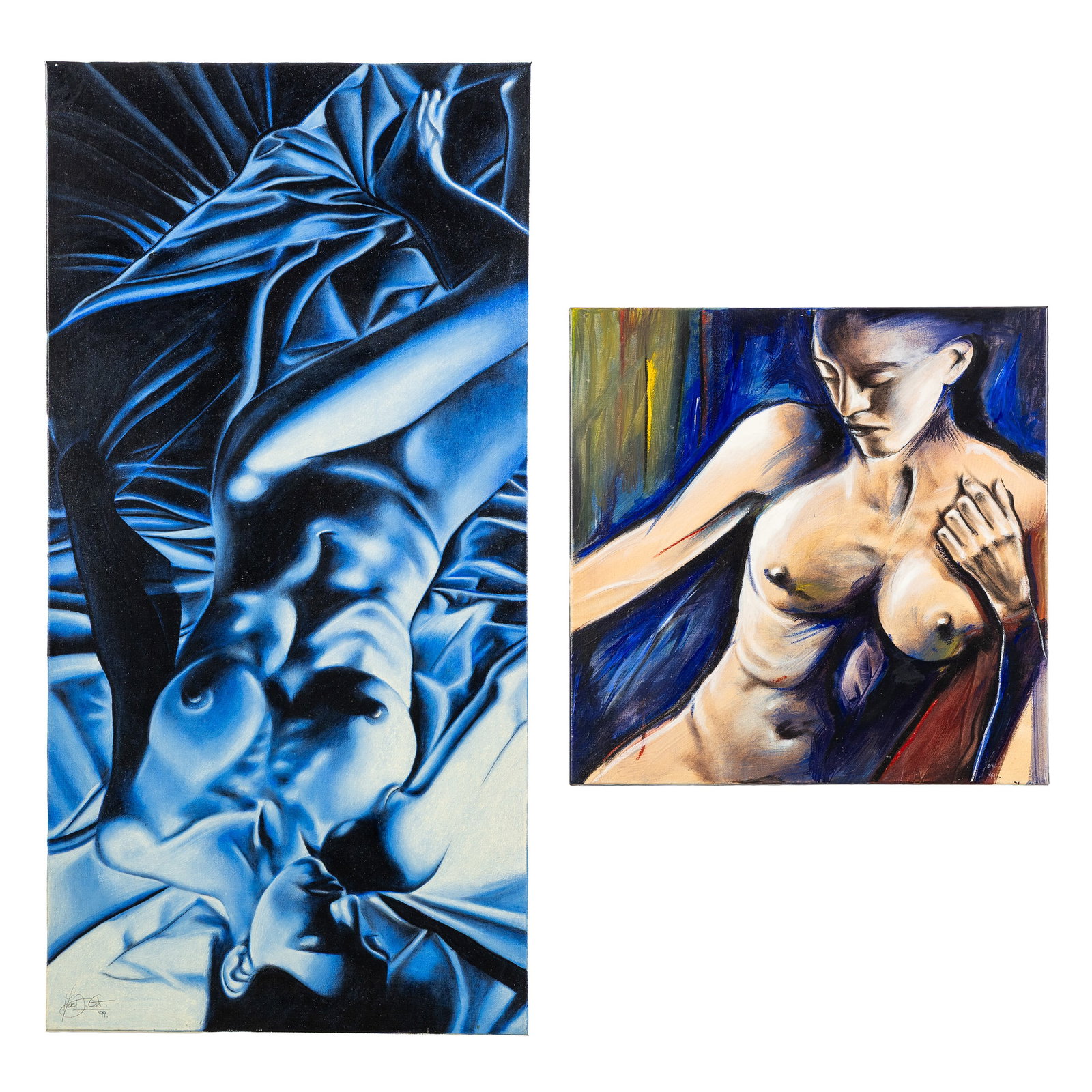 Marc De Corte (1974) 'Reclining Nude' and 'Questioning Eve', two paintings, acrylic on canvas: Marc De Corte (1974) 'Reclining Nude' and 'Questioning Eve', two paintings, acrylic on canvas (1999). 'Reclining Nude in Blue' (1999)Acrylic on canvas.Signed and dated lower left.120 x 60