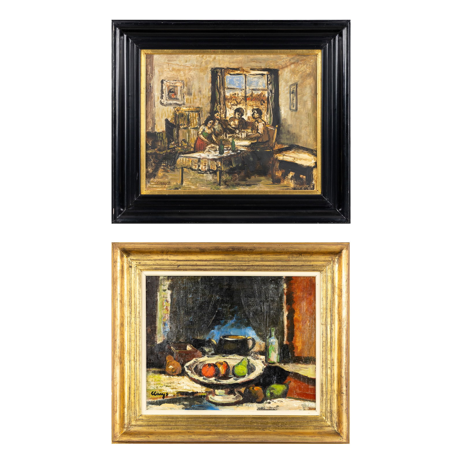 Albert Claeys (1889-1967) 'Still Life with Apples and Pears' and 'At the Table', two paintings, oil: Albert Claeys (1889-1967) 'Still Life with Apples and Pears' and 'At the Table', two paintings, oil on board and oil on canvas. 'Still Life with Apples and Pears' Oil on board. Signed lower left. 48 x