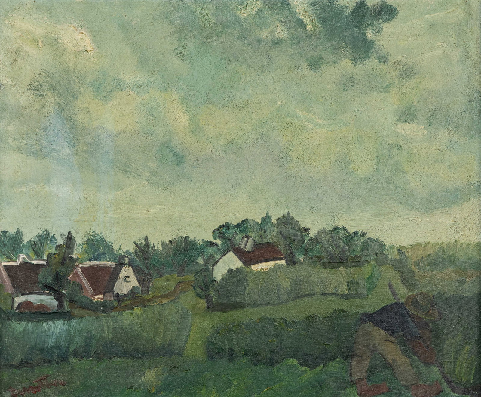 Jules De Sutter (1895-1970) 'Landscape with Harvesting Peasant', oil on canvas.: Jules De Sutter (1895-1970) 'Landscape with Harvesting Peasant', oil on canvas. Oil on canvas. Signed lower left. (68.5 x 81 cm) (70 x 58 x 0 cm)