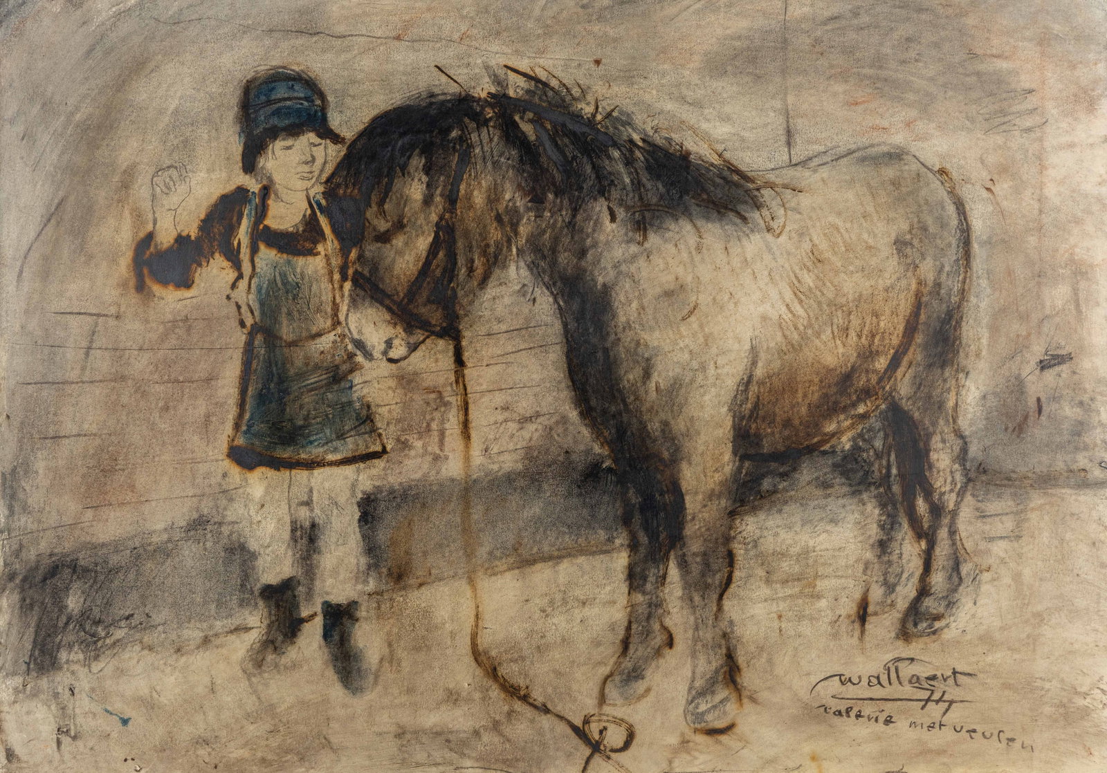 Martin Wallaert (1944) 'Valerie with Foal', a drawing, mixed media (1974): Martin Wallaert (1944) 'Valerie with Foal', a drawing, mixed media (1974) Mixed media on paper. A drawing. Signed, titled, and dated lower right. (84 x 112cm) (93 x 65 x 0 cm)