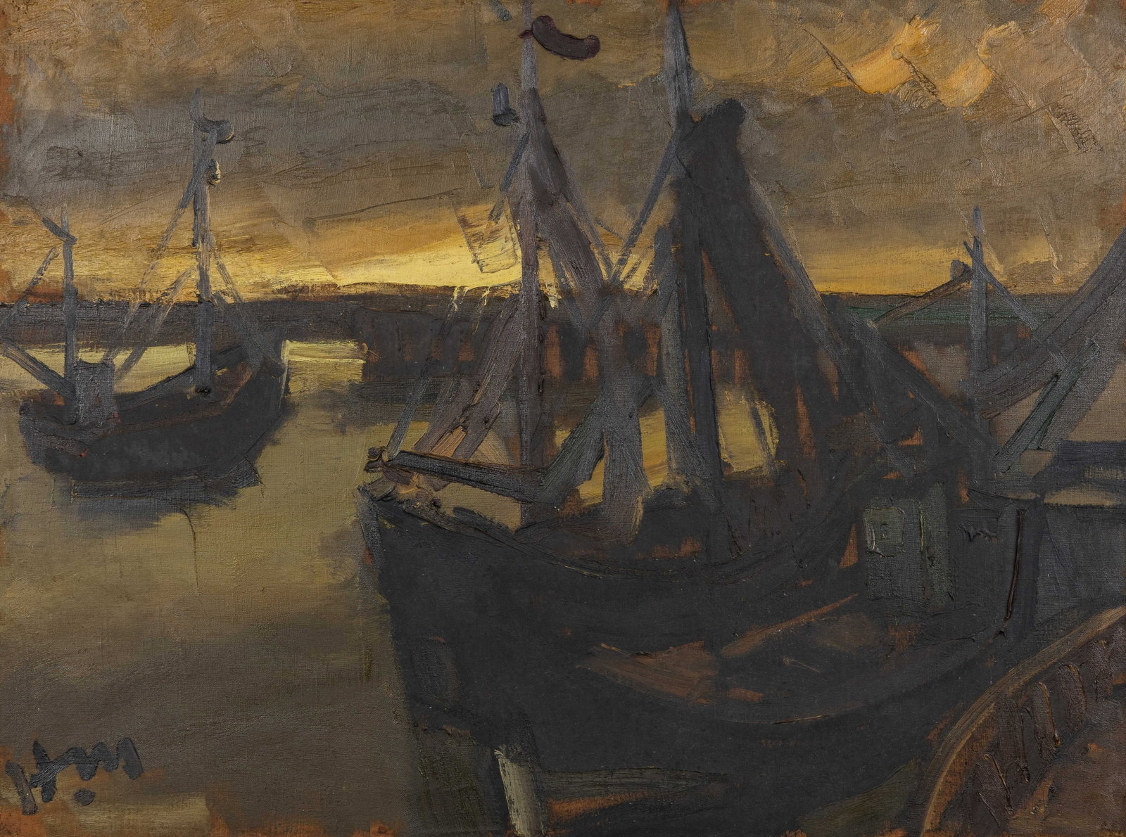 Hubert Malfait (1898-1971) 'Sailing Boats in the Harbour Channel', oil on canvas. (1 of 5)