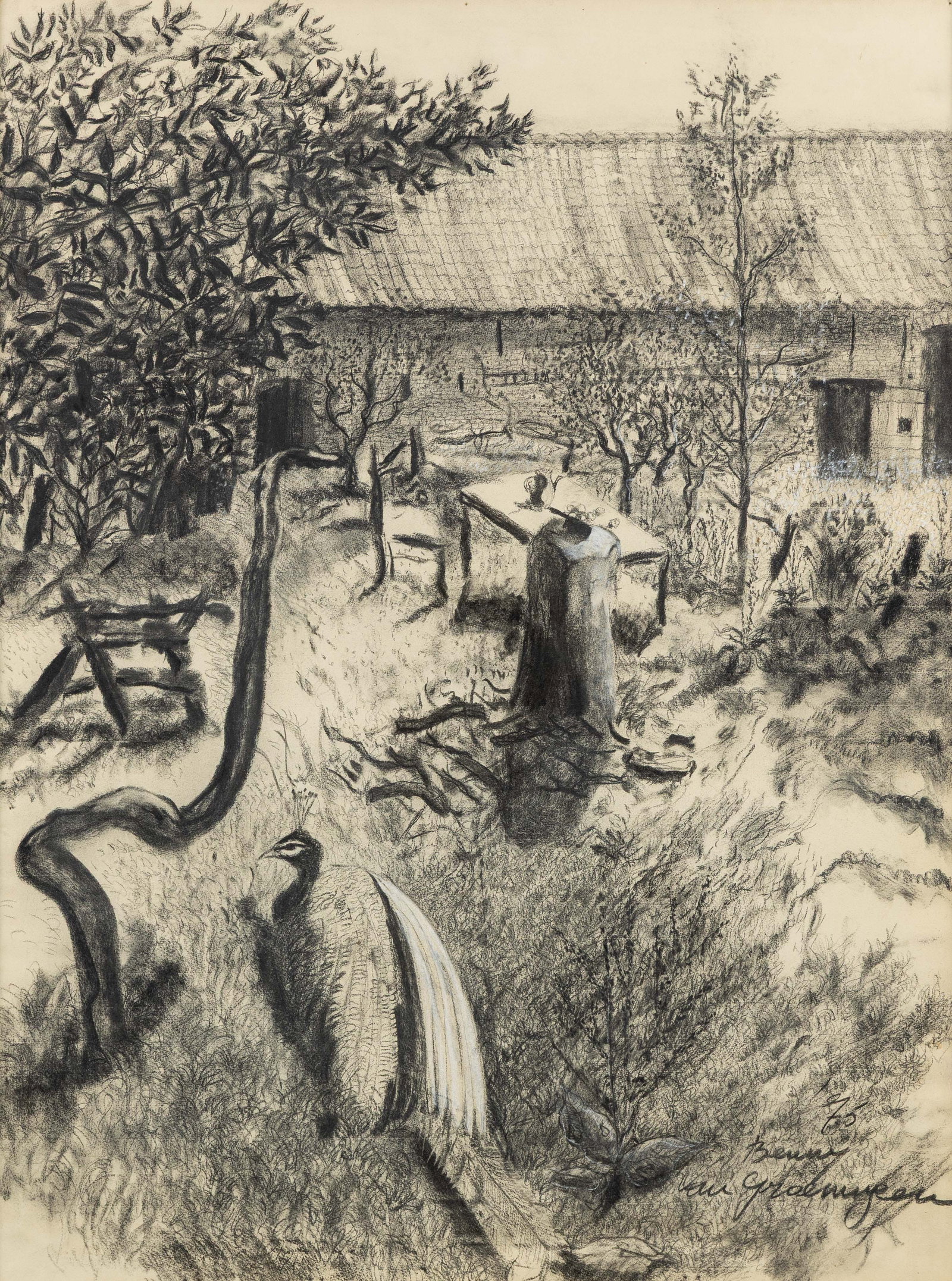 Benny Van Groeningen (1946) 'Peacock in the Yard', charcoal on paper (1975).: Benny Van Groeningen (1946) 'Peacock in the Yard', charcoal on paper (1975). Charcoal on paper. Signed and dated lower right. (122 x 96 cm) (78 x 103 x 0 cm)