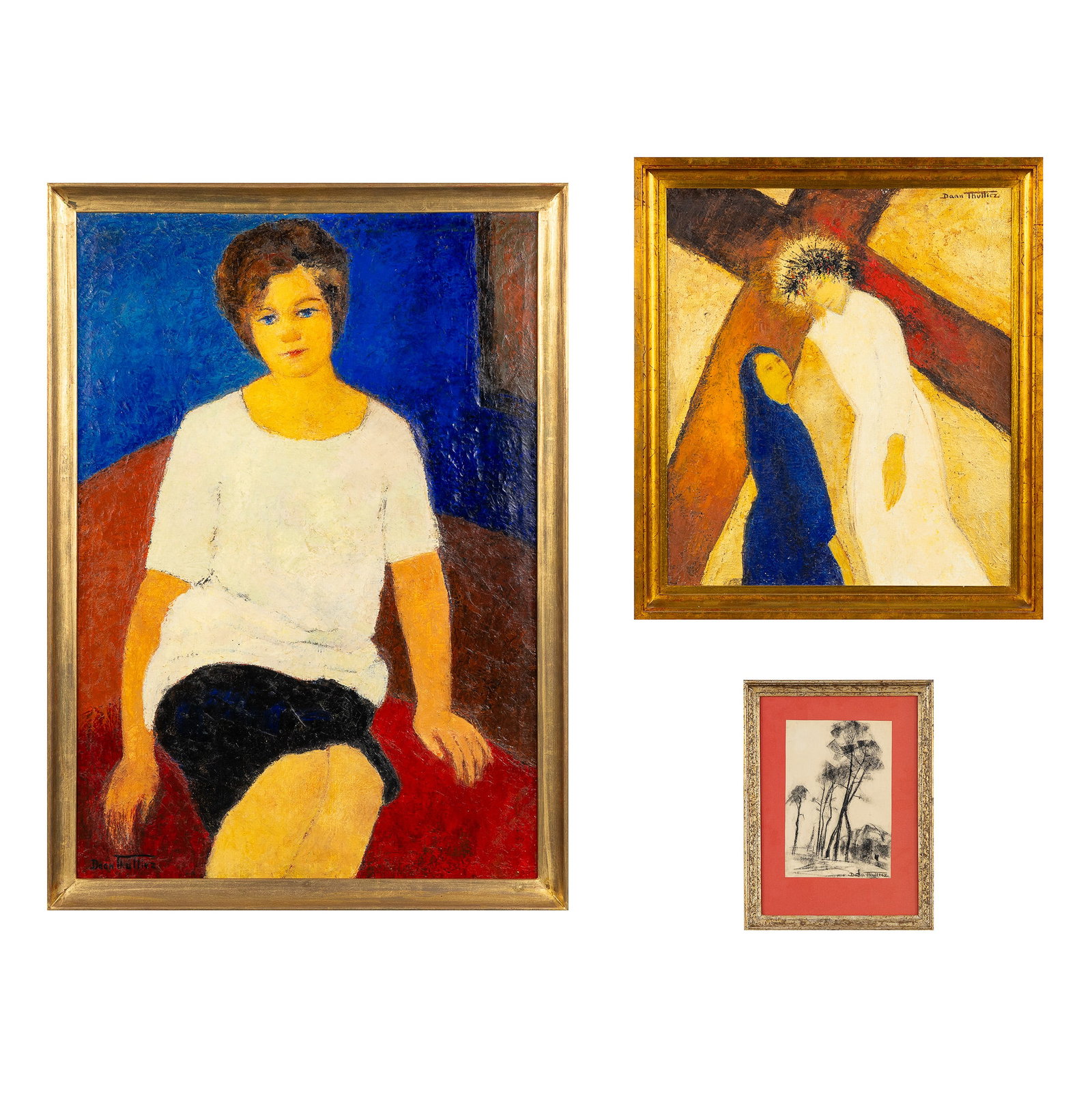 Daan Thulliez (1902-1965) 'Portrait of a Seated Lady' and 'Christ Under the Cross', oil on canvas,: Daan Thulliez (1902-1965) 'Portrait of a Seated Lady' and 'Christ Under the Cross', oil on canvas, added a charcoal drawing. 'Portrait of a Seated Lady' Oil on canvas. Signed lower left. 115 x 80.5 cm