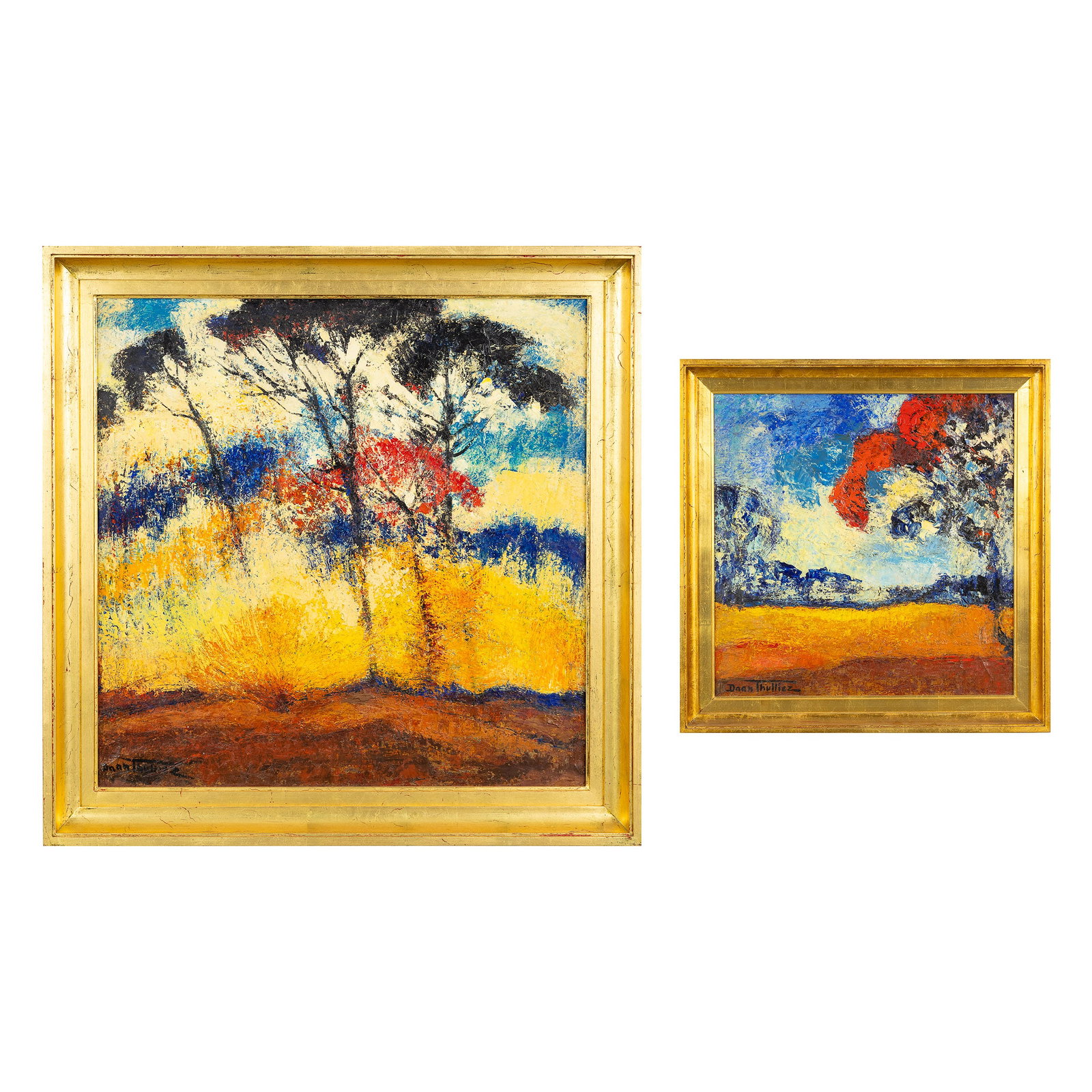 Daan Thulliez (1902-1965) 'Landscape with Trees', two paintings, oil on canvas.: Daan Thulliez (1902-1965) 'Landscape with Trees', two paintings, oil on canvas. Oil on canvas. Signed lower left. 80 x 80 cm (94 x 94cm) / 50 x 50 cm ( 60 x 60 cm) (80 x 80 x 0 cm)