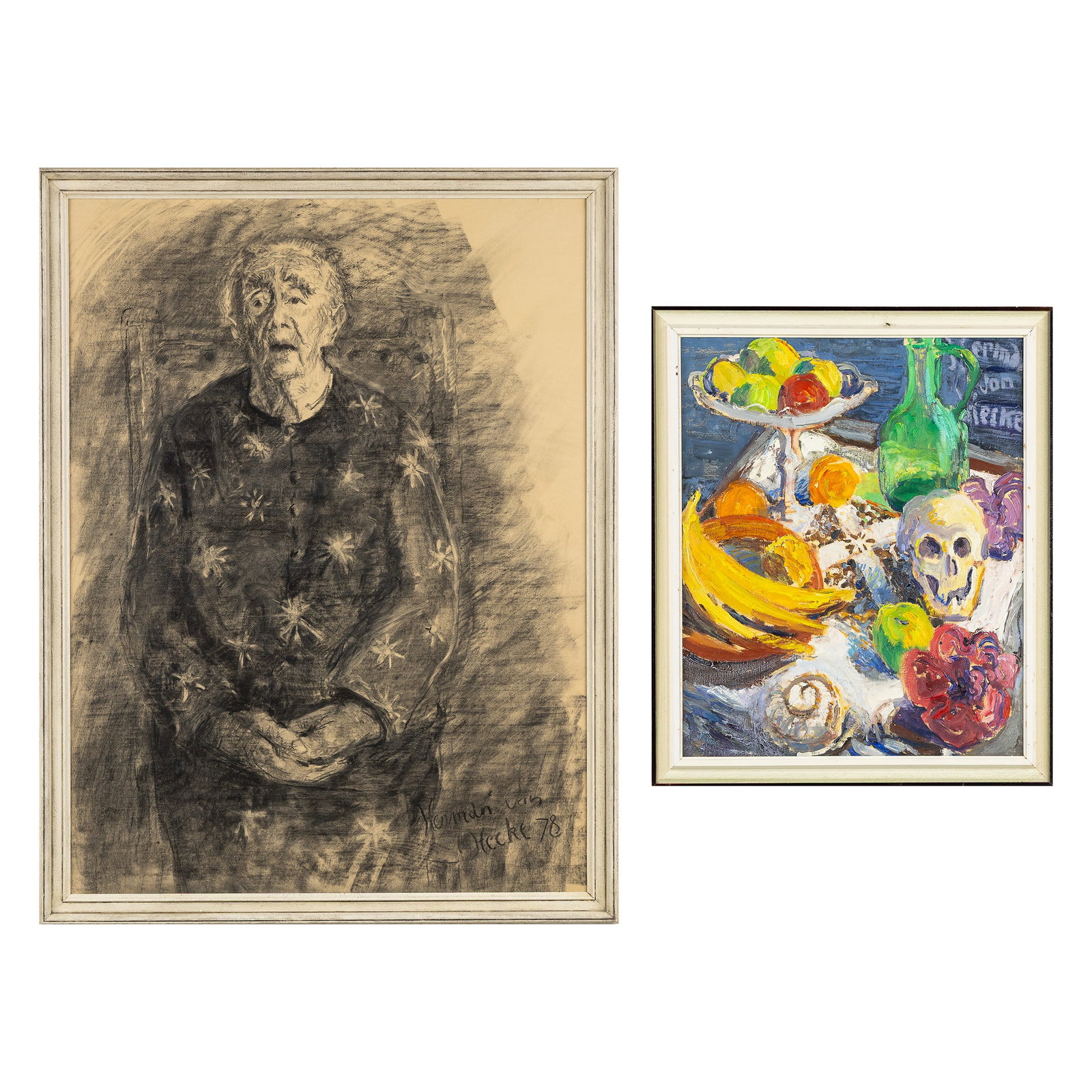 Herman Van Hecke (1939) 'Portrait of a Granny' and 'Still Life with Memento Mori', charcoal on paper (1 of 10)