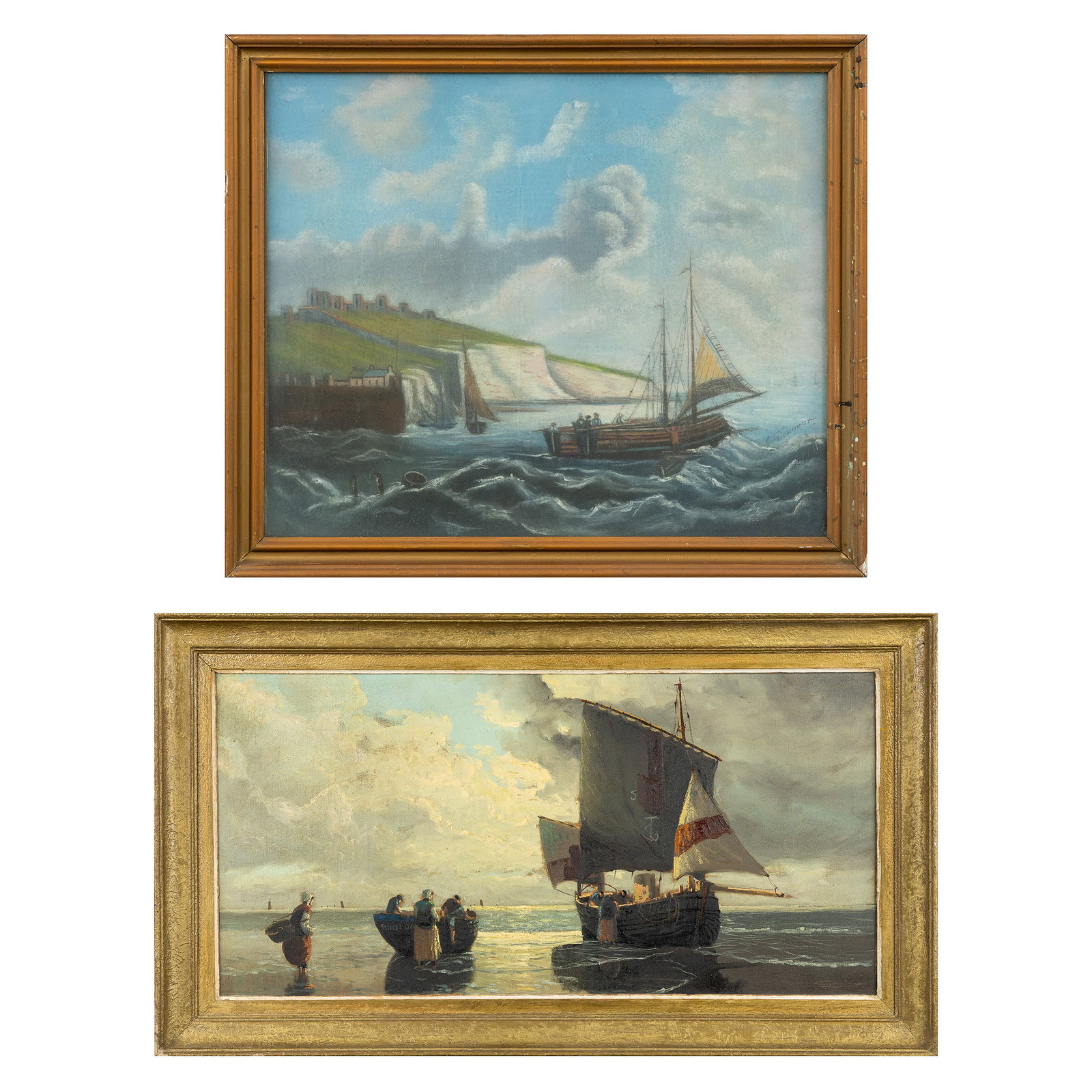 Pierre Godar (XX) and Emile Desmaisons (1812-1880) two paintings with fishermen, oil on canvas and: Pierre Godar (XX) and Emile Desmaisons (1812-1880) two paintings with fishermen, oil on canvas and pastel on canvas. Pierre Godar (XX)'Retour du Pêche sur la Plage de Boulogne-sur-Mer', oil on ca