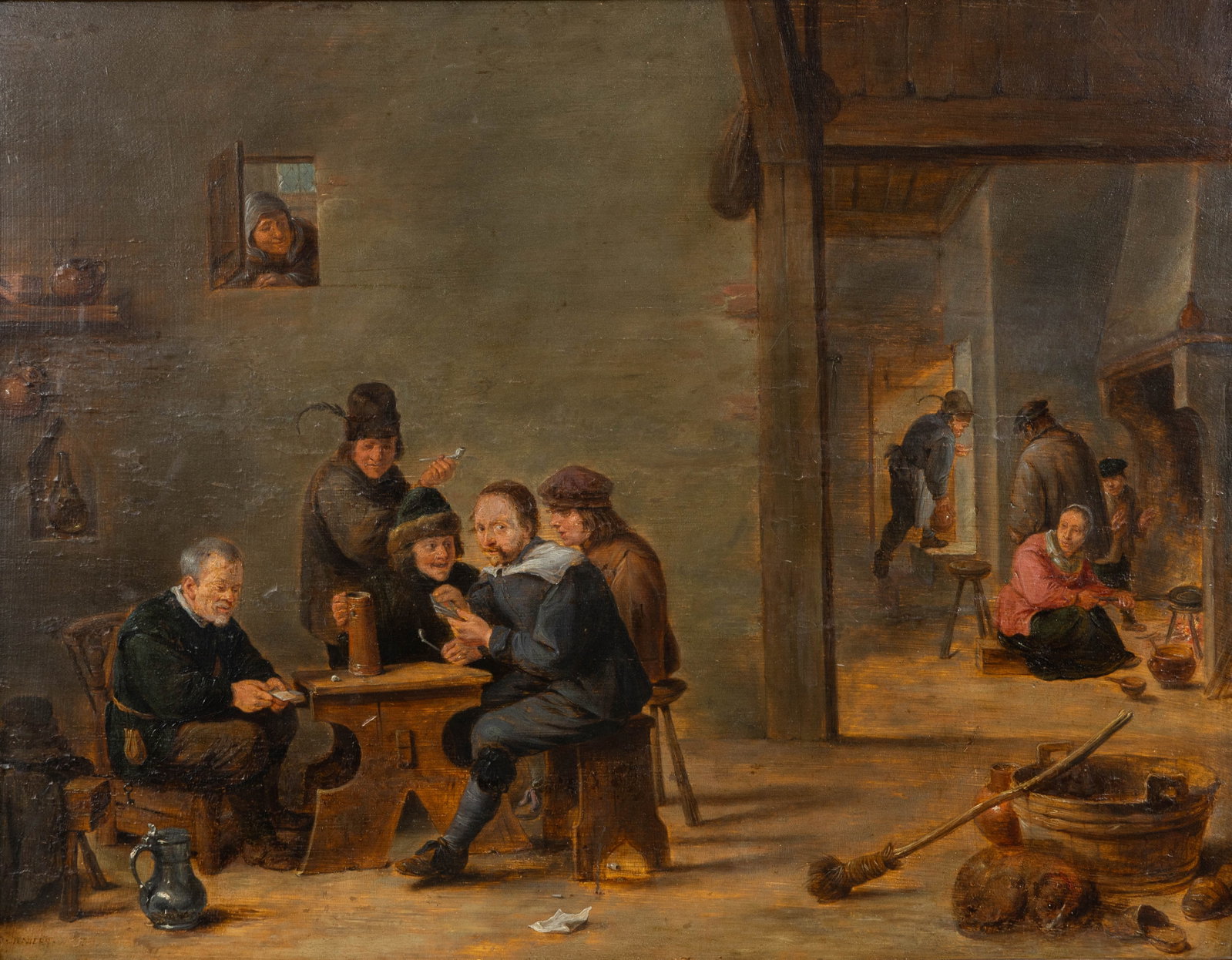 Circle of David II Teniers (1610-1690) 'The Card Players', an antique painting, oil on panel, 17th: Circle of David II Teniers (1610-1690) 'The Card Players', an antique painting, oil on panel, 17th century. Oil on panel.Signed 'D. Teniers'. (64 x 76 cm) (64 x 50 x 0 cm)