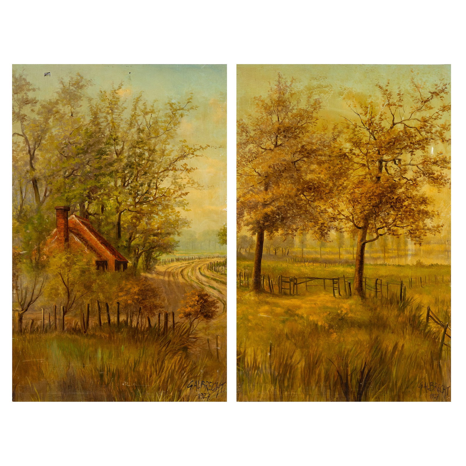 G. Albrecht (XIX-XX) 'Farm View', a pair of decorative pendant paintings, oil on canvas (1927).: G. Albrecht (XIX-XX) 'Farm View', a pair of decorative pendant paintings, oil on canvas (1927). Oil on canvas.Signed and dated lower right. (Unframed) (119 x 185 x 0 cm)