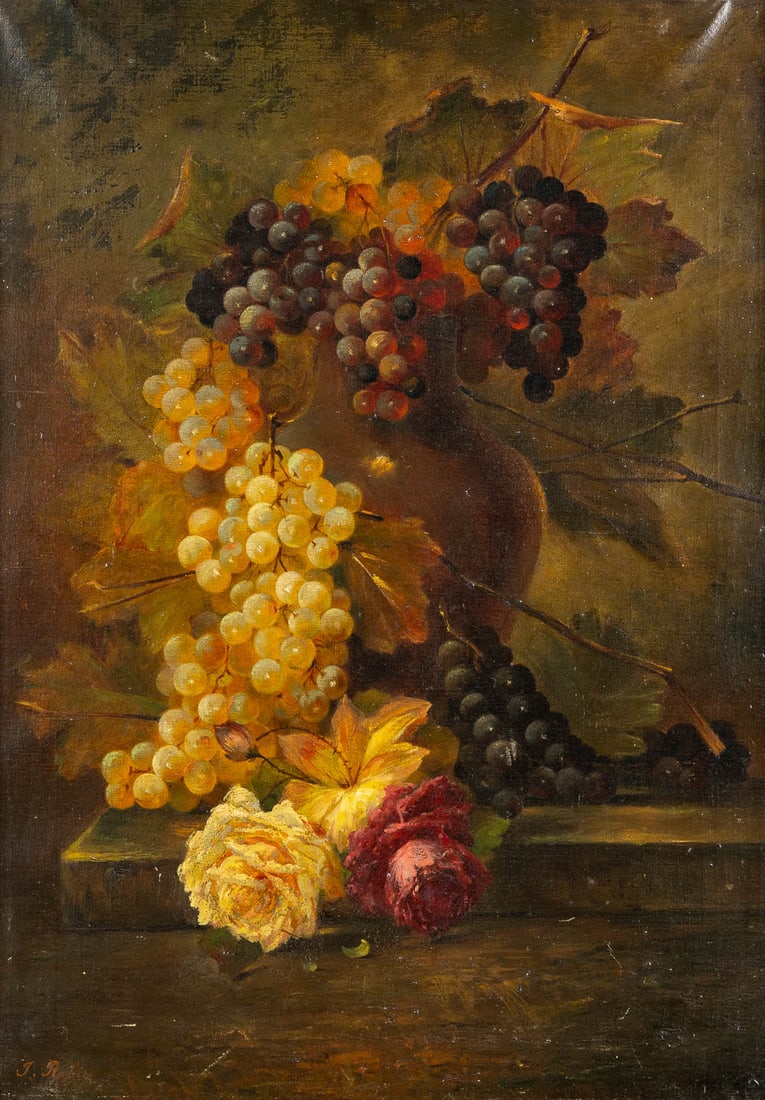 Jean-Baptiste Robie (1821-1910) 'Flowers and Grapes', oil on canvas. (1 of 6)