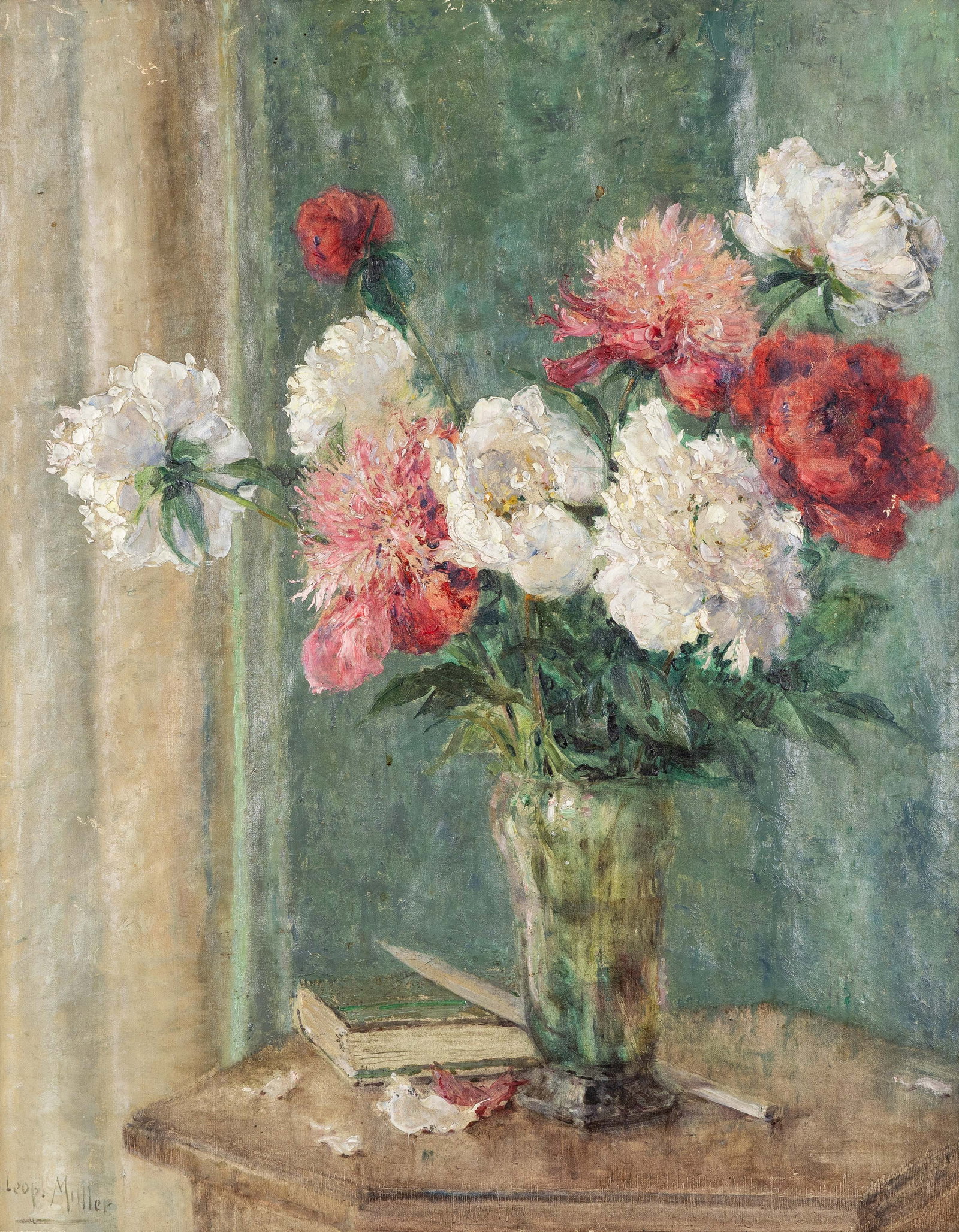 Leopold Muller (1879-1961) 'Still Life with Peonies', oil on canvas.: Leopold Muller (1879-1961) 'Still Life with Peonies', oil on canvas. Oil on canvas.Signed lower left. (88 x 73 cm) (55 x 70 x 0 cm)
