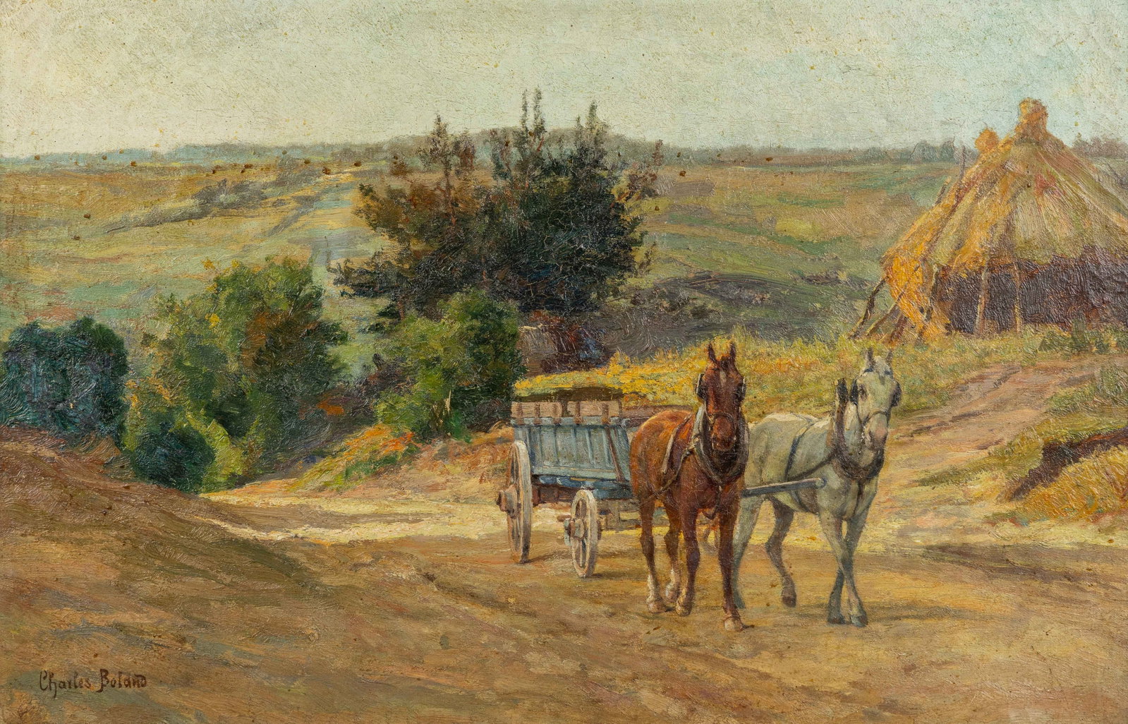 Charles Boland (c.1850–?) ‘Landscape with a Horse-drawn carriage’, oil on canvas.: Charles Boland (c.1850–?) “Arriver Au Sommet, Brabant”, oil on canvas. A painting, oil on canvas. Signed lower left. Title on the reverse, on the stretcher.