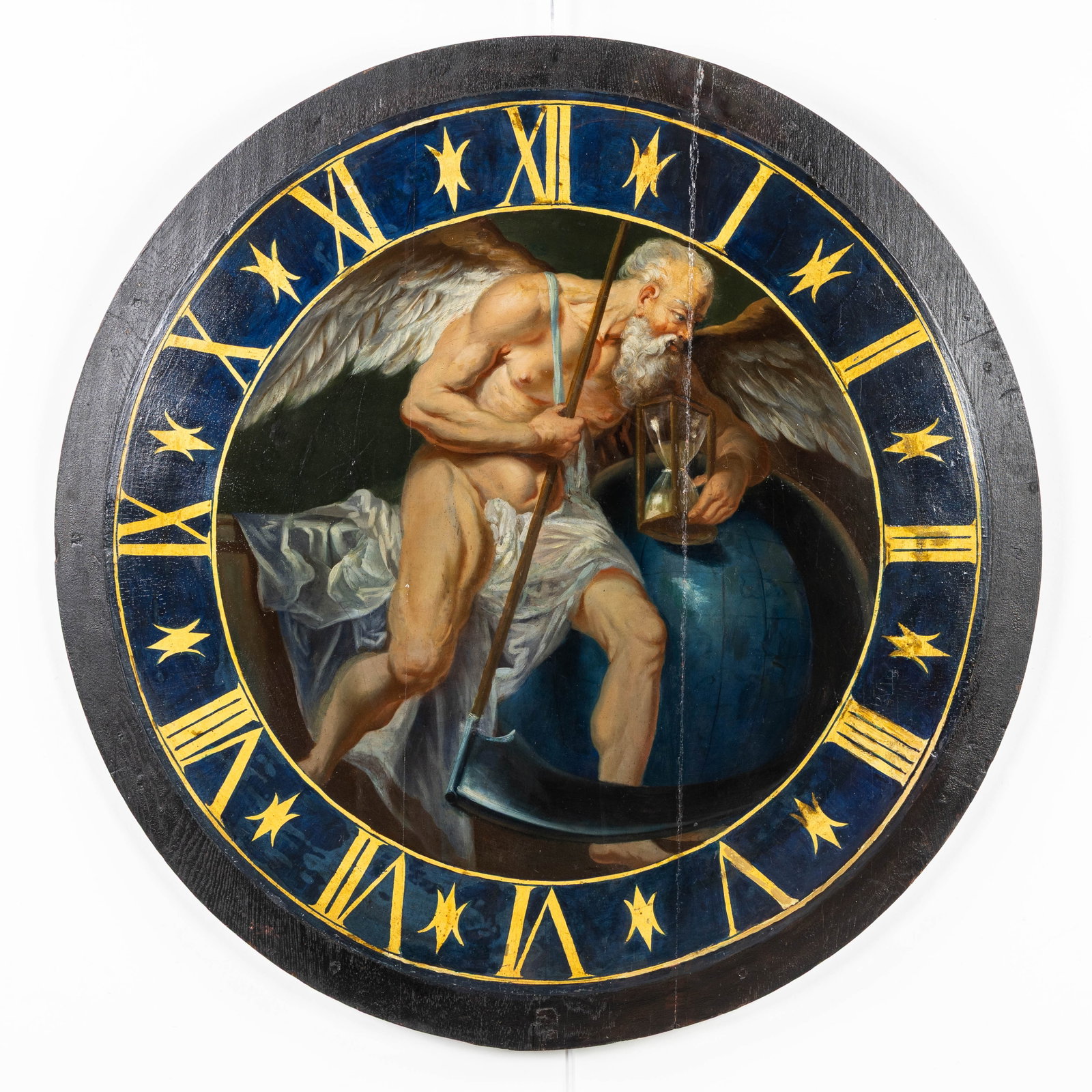 Franz Xaver Wagenschön (1726-1790) (Attr.) 'Kronos', oil on panel.: Franz Xaver Wagenschön (1726-1790) (Attr.) 'Kronos', oil on panel. Oil on panel.A round painting, depicting Kronos or Father Time, with scythe and hourglass.Four-part, hand-carved panel.<