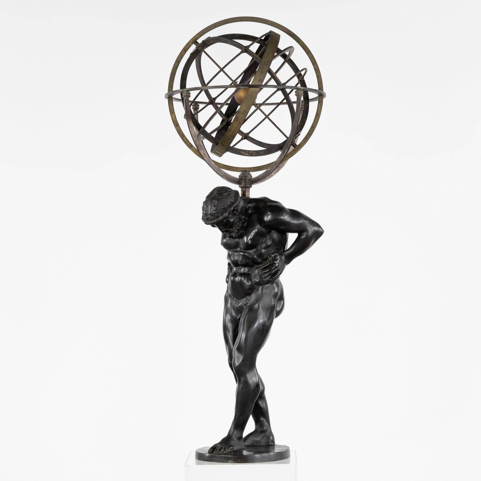 A Large bronze Atlas figure with an armillary sphere, 20th C. (1 of 11)